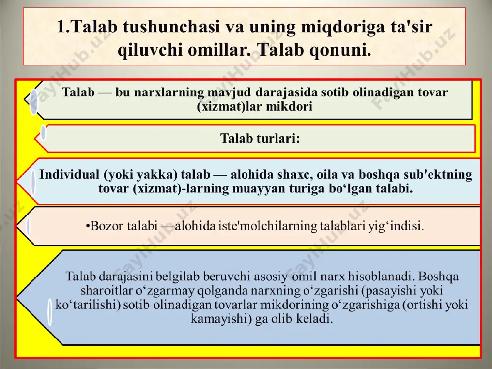 i. bozor muvozanatiga erishganda shakllangan narx muvozanatli narx, shu narxda sotilishi mumkin bo‘lgan tovarlar miqdori ishlab chiqarishning muvozanatli hajmi deyiladi. muvozanatlik turlari laxzalik yoki bir zumlik muvozanatlik — taklif qilingan tovarlar doimiy miqdorni tashkil qilganda, asosan, narx o‘sishi hisobiga ro‘y beradi. qisqa muddatli muvozanatlikka ishlab chiqarish hajmi (taklif)ni vaqtinchalik amal qiluvchi omillardan foydalanish asosida ko‘paytirish orqali erishiladi. bunday omillarga ish vaqtidan tashqari dam olish va bayram kunlari ishlash, ish smenasini kupaytirish kabilarni kiritish mumkin. uzoq davrli muvozanatlik. ishlab chiqarishni qayta qurollantirish, yangilash va qo‘shimcha quvvatlarni vujudga keltirish kabi o‘zgarishlar uzoq vaqtni tashkil qiladigan omillardan foydalanishni taqozo qiladi. bu davrda yangi korxonalar ham vujudga kelib, faoliyat qila boshlaydi. natijada taklif ko‘payadi va narx pasayadi. 4. iqtisodiy resurslarga talab va taklifning shakllanish xususiyatlari. iqtisodiy resurslar bozori – bu mazkur omillar xizmati bozoridir. ularning sotib olinishi ko‘rsatishi mumkin bo‘lgan xizmatlarining xarid qilinishini anglatadi. o‘z-o‘zidan aniqki, iqtisodiy resurslarning bir qismi (er, kapital) haqiqiy ma'noda …
