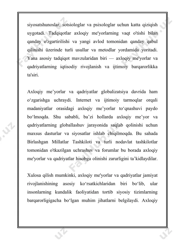 y xatti-harakatlar jamiyatda axloqiy xatti-harakatlar deganda jamiyat a'zolarining bir-birlari bilan o'zaro munosabatlarida amal qiladigan odob-axloq qoidalari tushuniladi. bu qoidalar har bir insonning o'ziga xos qadriyatlaridan, an'analaridan va madaniyatidan kelib chiqib shakllanadi. axloqiy xatti-harakatlar ko'plab sohalarda, jumladan, oilada, ish joyida va umuman jamiyatda qanday munosabatda bo'lishimiz kerakligini belgilaydi. 1. **oila sohasida axloqiy xatti-harakatlar**: - oila insonlararo munosabatlarning eng yaqin tarmog'i hisoblanadi. oila a'zolari bir-birini hurmat qilishlari, o'zaro tushunish orqali hamjihatlikda yashashlari zarur. shu bois, jamiyatning sog'lom asoslari oila muhitida shakllanadi. - tadqiqotlarga ko'ra, oilada axloqiy qoidalariga rioya qiluvchi bolalar o'z navbatida jamiyatda ham axloqiy farosatli bo'lib voyaga yetishadilar. 2. **ta'lim sohasida axloqiy xatti-harakatlar**: - maktablarda axloqiy tarbiya darslari orqali o'quvchilarga axloqiy qadriyatlar singdiriladi. pisa xalqaro tadqiqotiga ko'ra, axloqiy tarbiya maktabda o'zlashtiriladigan muhim elementlardan biridir. - o'qituvchilar o'quvchilarga nafaqat ilmiy bilimlar, balki axloqiy me'yorlarni ham o'rgatishi zarur. bu ularning kelajakda axloqiy shaxs sifatida shakllanishiga yordam beradi. 3. **ijtimoiy muomala va aloqalarda axloqiy …
