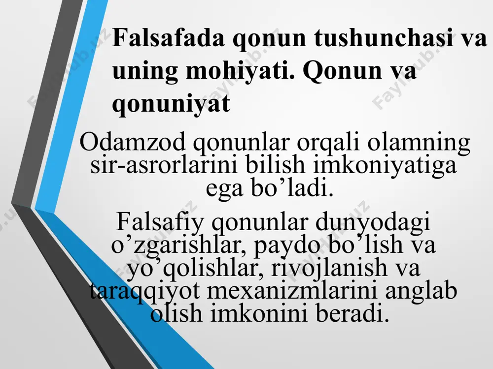 ёки яккаликдир, бутуннинг қисмидир. умумийлик объектив реалликнинг барча ёки бир қанча нарса ёки ҳодисалардаги объектив мавжуд бўлган томонлар, хоссалар ва белгиларнинг мажмуидир. улар ўртасидаги алоқа ва муносабатларнинг ўхшашлиги тушунилади. моҳият ҳодисанинг ичида яширинган оламнинг турли - туман ҳодисаларида юз берадиган чуқур нисбий барқарор алоқаларни ифодалайдиган воқеликнинг ички томонидир. доимий барқарордир. ҳодиса моҳиятнинг у ёки бу ҳолда учратилишини ифодаловчи воқеликнинг ўзгарувчан, ҳаракат хусусиятларига, белгиларига бой бўлган томонидар. quyosh chiqishi шакл мазмуннинг ифодаланиш усули, ташкил этувчисидир. масалан, атомнинг мазмуни шуни ташкил этган элементлар заррачалар ва уларнинг ҳаракатидан, атомнинг шакли эса бу элементлар заррачалариниг жойлашиш тартиби ва тузилмасидан иборат. ko’mir tashkil etuvchisi мазмун муайян нарса ва ҳодисаларни тавсифловчи ички элементлар ва ўзгаришларнинг мажмуидан иборат. элемент (таркибий кисм) – бу заро алоқада бўладиган бир бутун тизимни ташкил этувчи нарса ва ҳодисаларнинг таркибий қисми. тузилиш (структура) эса бутунни ташкил килган элементларнинг богланиш усули, конуни, бутун доирасидаги муносабатлар тизимидар. тузилиш тушунчаси тизимнинг тургунлигини, турли ташки ва …