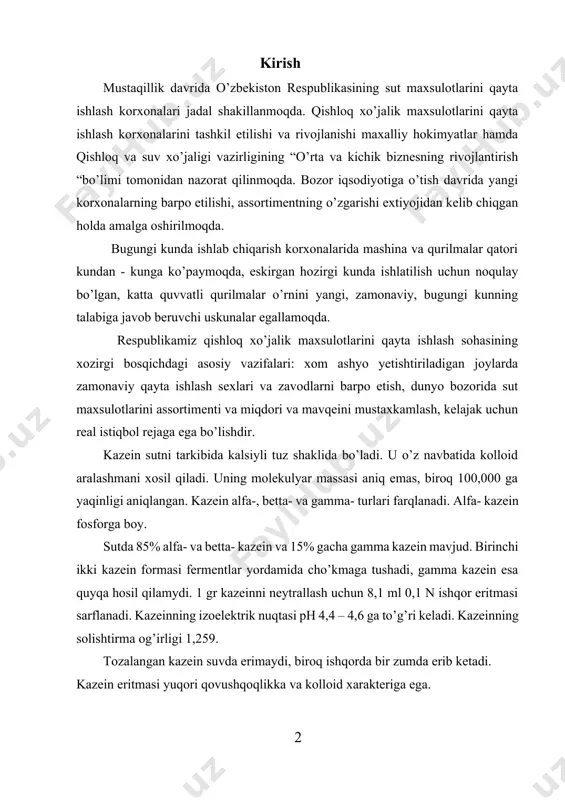 di. kazeinning solishtirma og’irligi 1,259. tozalangan kazein suvda erimaydi, biroq ishqorda bir zumda erib ketadi. kazein eritmasi yuqori qovushqoqlikka va kolloid xarakteriga ega. sutga kislota solinishi bilan kazeinkalsiyli tuz kalsiyni yo’qotadi va erkin kazein kislotasi cho’kmaga tushadi. u bilan birgalikda sutdagi boshqa moddalar ham chiqadi. bunday qoldiqli kazein cho’kmasi texnik kazein deb ataladi. sichuk fermenti bilan kalsiy cho’kmasi hosil bolmaydi, shuning uchun sichuk fermenti bilan olingan kazeinning tarkibi kislotaligidan kam kislota darajasi va ko’p zol borligi bilan farq qiladi. kazeinning ikkala turi 1,5% li ammiak eritmasida oson eriydi. 3% li bor eritmasida faqat kislotali kazein eriydi. sichuk fermenti yoki kislota bilan cho’ktirilgan kazein, kerakli ishlov berilgandan so’ng texnik maqsadlar uchun – texnik kazein va oziq – ovqat sanoatida – oziq – ovqatlar uchun mo’ljallangan kazein ishlatiladi. texnik kazein sichuk fermenti bilan cho’kma hosil qilish yo’li bilan yoki quyidagi kislotalar: sut, sirka, oltingugurt va solyan kislotalar bilan cho’ktirishdan olinadi. sichuk va …