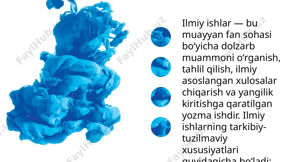 umotlar, grafiklar, jadval va misollar keltiriladi; 3. xulosa tadqiqot davomida erishilgan asosiy ilmiy natijalar qisqacha va aniq shaklda bayon qilinadi; ilmiy ish asoslari fanida soʻzboshi — bu ilmiy ishning boshlang‘ich, kirishdan oldingi qismlaridan biri bo‘lib, u o‘quvchiga tadqiqot mazmuni, mohiyati va ahamiyati haqida umumiy tushuncha berishga xizmat qiladi. so‘zboshining asosiy vazifalari: mavzu tanlanishining sabablari haqida qisqacha ma’lumot berish; tadqiqotning dolzarbligini ko‘rsatish; o‘quvchini ilmiy ishga tayyorlash, uni qiziqtirish; ishda ko‘tarilgan asosiy masalalarga kirish so‘z bo‘lish. so‘zboshining xususiyatlari: juda uzun bo‘lmaydi (odatda 1–2 bet atrofida); rasmiy-uslubda, lo‘nda va ravon yoziladi; ilmiy uslubga xos ifodalar ishlatiladi. iqtibos- muallif ilgari surgan holatlarini asoslab berish uchun biron bir matndan olinadigan aniq,sózma sóz keltirilgan jumla,kóchirma gap bólib u ózlashtirma shaklda berilishi mumkin. misol: “ilmiy izlanishlar jamiyat taraqqiyotining muhim omillaridan biridir”, — deb yozadi a. qodirov o‘zining ilmiy tadqiqot asoslari nomli asarida [1, 45-b.]. this template is exclusively designed by fei er creative, and copyrights belong to …