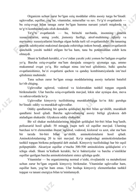 ntilishi keyingi paytlarda sogʻlom turmush tarzining muhim tarkibiy qismlaridan biri boʻlgan ratsional ovqatlanishga katta eʼtibor qaratilishiga olib keldi. toʻgʻri, ilmiy asoslangan ovqatlanish inson salomatligi, mehnat faoliyati va uzoq umr koʻrishining eng muhim shartidir. bir kishi oziq-ovqat bilan tana toʻqimalarining oʻsishi va saqlanishi uchun zarur boʻlgan energiya bilan taʼminlaydigan barcha kerakli elementlarni oladi. organizm uchun zarur boʻlgan oziq moddalar oltita asosiy turga boʻlinadi: uglevodlar, oqsillar, yogʻlar, vitaminlar, minerallar va suv. toʻgʻri ovqatlanish — bu oziq-ovqat bilan tanaga zarur boʻlgan hamma narsani yetarli miqdorda va toʻgʻri kombinatsiyada olish demakdir. toʻgʻri ovqatlanish — bu, birinchi navbatda, insonning genetik xususiyatlarini, uning yoshi, jismoniy faolligi, atrof-muhitning iqlimiy va mavsumiy xususiyatlarini hisobga olgan holda turli xil ovqatlanishdir. bu tananing genetik salohiyatini maksimal darajada oshirishga imkon beradi, ammo ovqatlanish qanchalik yaxshi tashkil etilgan boʻlsa ham, tana bu potensialdan oshib keta olmaydi. shuni taʼkidlash kerakki, oʻz-oʻzidan yaxshi yoki yomon boʻladigan ovqatlar yoʻq. barcha oziq-ovqatlar maʼlum darajada ozuqaviy qiymatga …