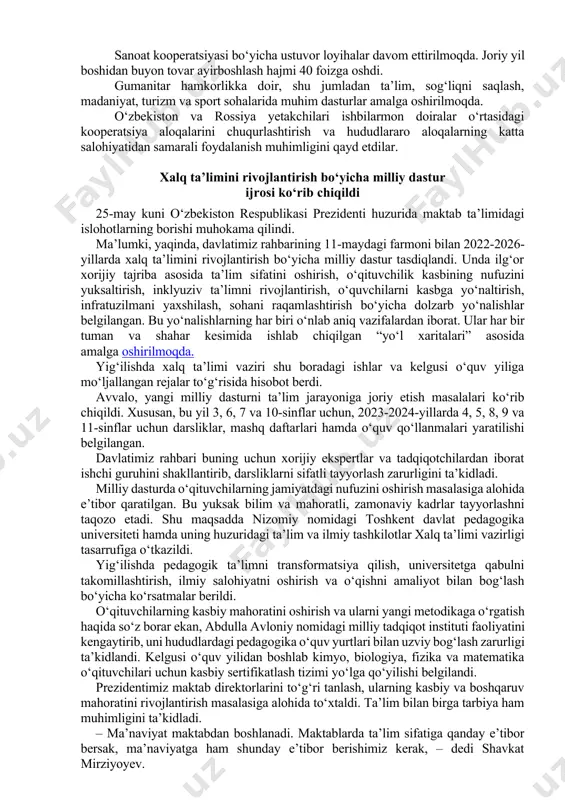 shda davlatimiz rahbari, avvalo, shu masalaga e’tibor qaratib, bu jarayonni jadallashtirish zarurligini ta’kidladi. xalqaro konsultantlarni jalb qilib, strategik yondashuvlarni belgilab olish, neft-gaz sohasida hisob-kitob mexanizmlari shaffofligini ta’minlash vazifalari qo‘yildi. korxonalarni moliyaviy sog‘lomlashtirish, operatsion samaradorlikni oshirish orqali xarajatlarni qisqartirish, boshqaruv tizimini ilg‘or xorijiy tajriba asosida tashkil etish bo‘yicha chora-tadbirlar belgilandi. prezident tarmoq rahbarlariga aholi va tadbirkorlik sub’ektlarini yoqilg‘i-energiya manbalari bilan uzluksiz ta’minlash bo‘yicha aniq topshiriqlar berdi. tabiiy gaz iste’molini nazorat qilish va hisobga olishning avtomatlashtirilgan tizimini to‘liq ishga tushirib, yo‘qotishlarni bartaraf etish choralari belgilandi. resurslarni hozirdan tejash, muqobil energiyadan foydalanishni rag‘batlantirish muhimligi ta’kidlandi. o‘zbekiston va rossiya yetakchilari ikki tomonlama hamkorlikning dolzarb masalalarini muhokama qildilar o‘zbekiston respublikasi prezidenti shavkat mirziyoyev 24-may kuni rossiya federatsiyasi prezidenti vladimir putin bilan telefon orqali muloqot qildi. o‘zbekiston-rossiya strategik sheriklik va ittifoqchilik munosabatlarini yanada rivojlantirish, ikki mamlakat o‘rtasidagi ko‘p qirrali hamkorlikni kengaytirishning dolzarb masalalari ko‘rib chiqildi. o‘tgan yil noyabr oyida moskva shahrida o‘tgan oliy darajadagi uchrashuvda erishilgan …