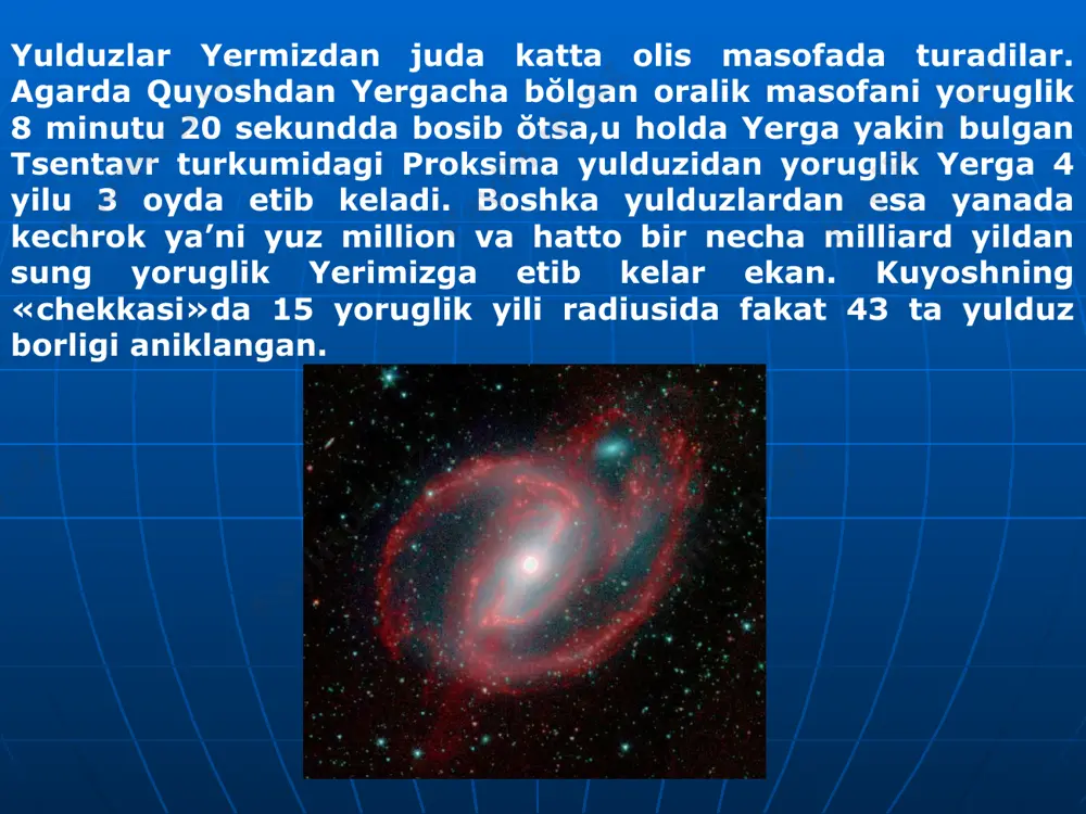 z atrofida bir-birlariga ta’sir etib turadilar. natijadaularning rangi va ravshanligi bir-birlariga boglik holda doimouzgarib turadi. shuningdek, galaktikada yangi vauta yangi yulduzlar bor bŏlib,ularning harakterlariuzgaruvchandir. shuninguchun ham bu yulduzlarga qizikish katta.ularda vaqti-vaqti bilan portlashlar bulib turadi. har bir portlashda yulduzlarning yuzasidan juda katta miqdorda qizigan gazlar otilib chiqadi va yulduzlarning razmeri tezda ortib ketadi. birnecha sutkadan sŏng esa portlashlar kamayib boradi va yulduzlarning kattaligi oldingi holatiga kaytadi. galaktikada har yili yuzdan ortik yangi yulduzlar yonadi.uta yangi yulduzlar yangi yulduzlardan portlashlarining quvvati juda katta bŏlishligi bilan farqlanadilar. galaktikada yulduzlardan tashqari qoramtir tumanliklar mavjud. bular gaz yoki kosmik changlarning tŏplamidir. tumanliklar yaqin atrofdagi yulduzning yorugligini qaytarish asosida yorug bŏlib kŏrinadi. agardaularga yaqin joyda yulduz bŏlmasa, tumanliklar qoramtir dog (nukta) bŏlib kurinadi. bizning galaktika juda katta ŏlchamga ega. tabiiyki savol tugiladi:undan tashqarida nima bŏlishi mumkin? hozirgi zamon teleskoplarida galaktikadan ortda sanoqsiz juda kŏp tumanliklar kurinadi. bular bizning galaktikagauhshash galaktikalardir.ularning galaktikamizning « sheriklari» bŏlsa kerak …