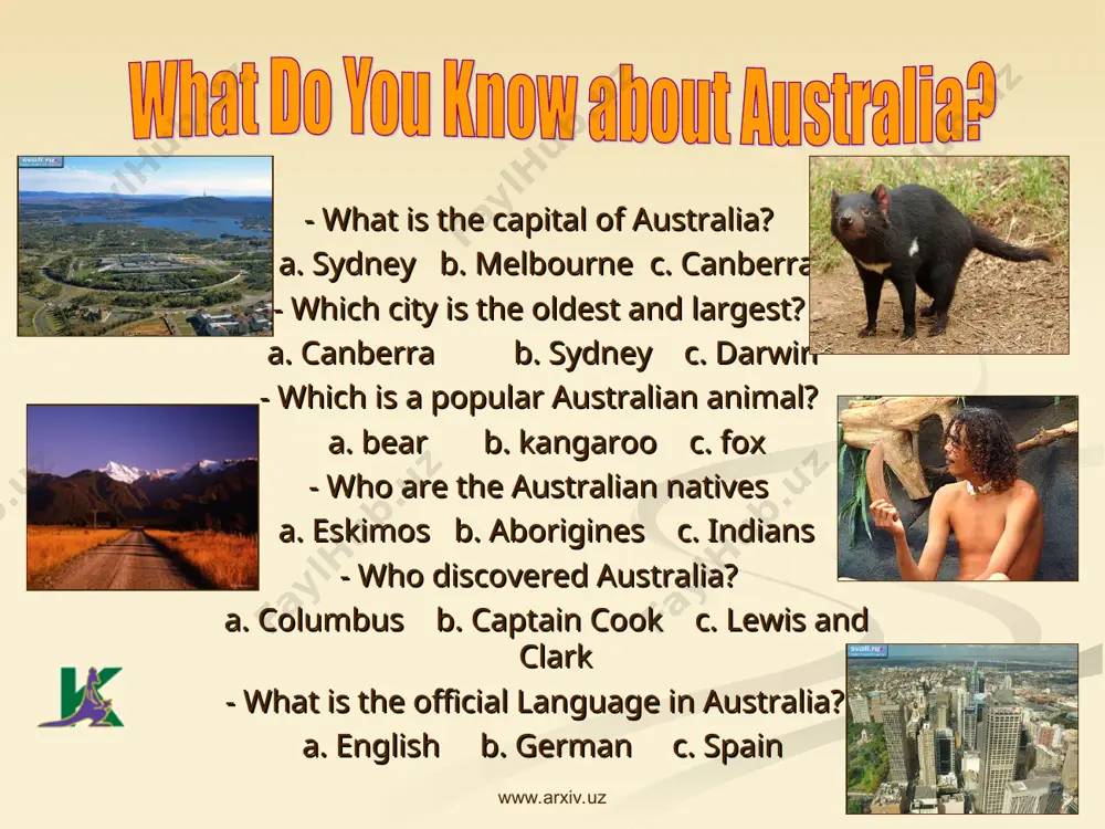 stralian government – was granted by george v in 1912. the arms consist of a shield containing the badges of the six states. the supporters are native australian fauna – a kangaroo and an emu. a yellow-flowered native plant, wattle, also appears in the design. the flag of australia is the only one to fly over a whole continent. the small union jack represents the historical link with britain, the large seven-pointed star represents the six states and territories, and the small stars from the southern cross – a prominent feature of the southern hemisphere night sky. www.arxiv.uz www.arxiv.uz canberra is the capital of australia. it is very young city. population is about 310,000 people. capitol hill canberra fountain www.arxiv.uz www.arxiv.uz capital of new south wales. leading industrial city. population: 3,200,000 people. st. maria cathedral the harbour bridge sydney sydney amp tower opera house www.arxiv.uz www.arxiv.uz capital of victoria. the …