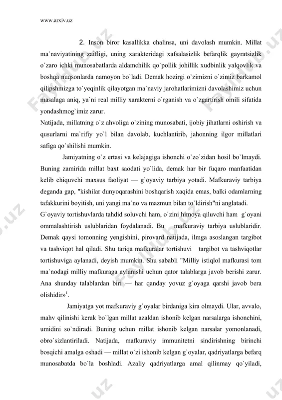ashviqotlar tortishuviga aylanadi, deyish mumkin. shu sababli "milliy istiqlol mafkurasi tom ma`nodagi milliy mafkuraga aylanishi uchun qator talablarga javob berishi zarur. ana shunday talablardan biri — har qanday yovuz g`oyaga qarshi javob bera olishidir»1. jamiyatga yot mafkuraviy g`oyalar birdaniga kira olmaydi. ular, avvalo, mahv qilinishi kerak bo`lgan millat azaldan ishonib kelgan narsalarga ishonchini, umidini so`ndiradi. buning uchun millat ishonib kelgan narsalar yomonlanadi, obro`sizlantiriladi. natijada, mafkuraviy immunitetni sindirishning birinchi bosqichi amalga oshadi — millat o`zi ishonib kelgan g`oyalar, qadriyatlarga befarq munosabatda bo`la boshladi. azaliy qadriyatlarga amal qilinmay qo`yiladi, odamlarda ularga amal qilmayotganlarga loqayd munosabat urf bo`ladi. qadriyatlar, g`oyalar qadrsizlanadi, ahamiyatsiz narsalarga aylanib qoladi. bo`shliq ana shunday yaratiladi, "ochib olinadi". g`oyaviy bo`shliq ochib olingach, endi uning o`rnini to`ldirish uchun o`z g`oyasini jozibali qilib tasvirlay boshlanadi. buzg`unchi toyaga xos "yangilik" va u berayotgan va`dalar odamlar qulog`i hamda ko`zi orqali ong va qalbiga kira boshlaydi. mafkuraviy bo`shliq shu tariqa to`ldira boshlanadi. yolg`on roya odamlar …
