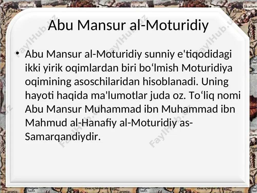 a oid asari bunga dalil bo‘ladi. bu asarning bir qo‘lyozma nusxasi «risola jonvor doriy» («jonvorlarga oid risola») deb nomlangan bo‘lib, unda ovchi qushlarni boqish haqida fikr yuritiladi. bu asarda ovchi burgutlarning har xil zotlari, ularning tashqi ko‘rinishlari, oziqlantirish, ovga yaroqliligi bilan bir qatorda ko‘paytirish, izi va chatishtirish usullari kabi masalalar haqida gap boradi. al-moturidiy o‘z davrining islomiy ilmlari sohasida eng yetuk bilim sohibi hisoblanib, musulmon dunyosi olimlari tomonidan tan olingan va hozirda ham turli diniy asarlarda zo‘r ehtirom bilan tilga olinadi. al-moturidiyni ulug‘lab «imom al-xuda» va «imom al-mutakallimin» (hidoyat yo‘li imomi va mutakallimlar imomi) kabi nomlar bilan ham ataganlar. movarounnahr - markaziy osiyo xalqlari turli falsafiy, tabiiy, aniq fanlar, adabiyot, san'at sohalarida dunyoga mashhur siymolar, allomalar bilan birga islom nazariyasi, diniy ilmlar bo‘yicha al-moturidiydek butun musulmon olamida nom qozongan olimlarni ham yetishtirib chiqardilar. o‘zbekiston respublikasi vazirlar mahkamasining 1999 yil 3 dekabrda qabul qilgan qaroriga binoan 2000 yilda allomaning 1130 yillik …