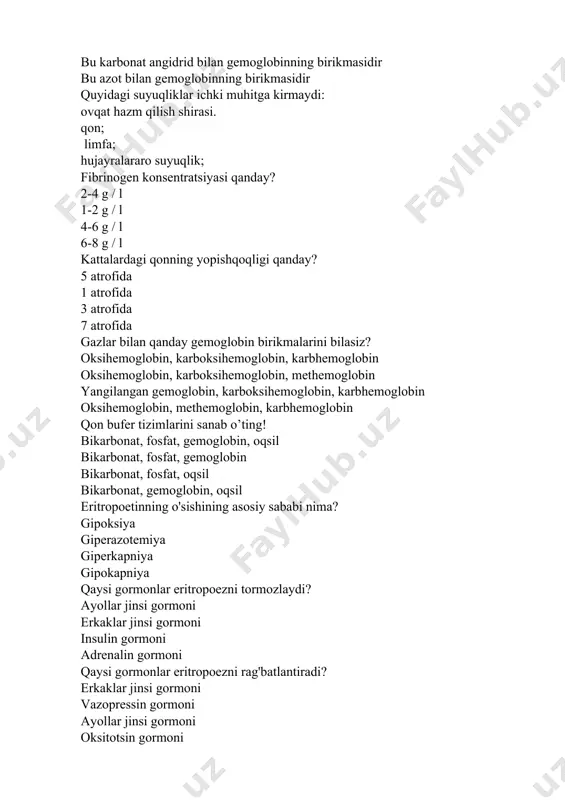 ilasiz? gemoglobin gem oksihemoglobin methemoglobin mushaklarda qanday nafas olish pigmenti mavjud? miyoglobin oksihemoglobin methemoglobin globin qaysi hujayralar gemoglobinni o'z ichiga oladi? qizil qon hujayralari limfotsitlar lenfoblastlar monositlar erkaklarda gemoglobin miqdori teng? 130-160 g / l 60-80 g / l 90-110 g / l 120-140 g / l qaysi rang ko'rsatkichi normal? 0,85-1,05 1,0-2,0 3,0-5,0 5,0 qizil qon hujayralarida gemoglobinning o'rtacha miqdori? 26-33 pg. 0,85-1,05 80-100 mkm3 36-42 %.