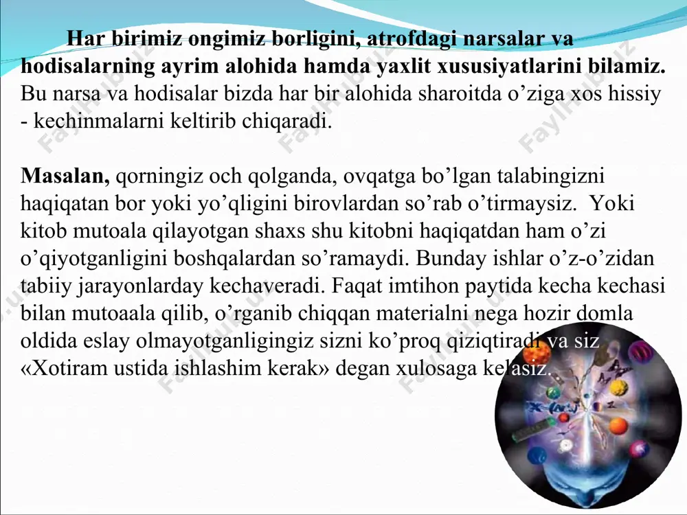 xologik jihatdan juda qiynaladi. xotira va shaxs tajribasining boyligi. xotiraning qonunlari x o t i r a - bu tajribamizga aloqador har qanday ma’lumotni eslab qolish, esda saqlash, esga tushirish va unutish bilan bog’liq murakkab jarayondir. xotira har qanday tajribamizga aloqador ma’lumotlarning ongimizdagi aksidir. inson xotirasining yaxshi bo’lishi, ya’ni his-kechinmalarimiz, ko’rgan - kechirganlarimizning mazmuni to’laroq miyamizda saqlanishi quyidagi omillarga bog’liq: esda saqlab qolish bilan bog’liq harakatlarning yakunlanganlik darajasiga; shaxsning o’zi shug’ullanayotgan ishga nechog’lik qiziqish bildirayotganligi va shu ishga moyilligiga; shaxsning bevosita faoliyat mazmuni va ahamiyatiga munosabatining qandayligiga; shaxsning ayni paytdagi kayfiyatiga; irodaviy kuchi va intilishlariga. umuman, xotiraning samaradorligi eslab qolishning ko’lami va tezligi, esda saqlashning davomiyligi, esga tushirishning aniqligi bilan bog’lanadi. demak, odamlar ham aynan shu sifatlarga ko’ra ham farqlanadilar: materialni tezda eslab qoladiganlar; materialni uzoq vaqt esda saqlaydiganlar; istagan paytda osonlik bilan esga tushiradiganlar. ba’zi odamlarning xotirasiga xos jihatlarni tug’ma deb atashadi. to’g’ri, oliy nerv tizimi, uning o’ziga xos …