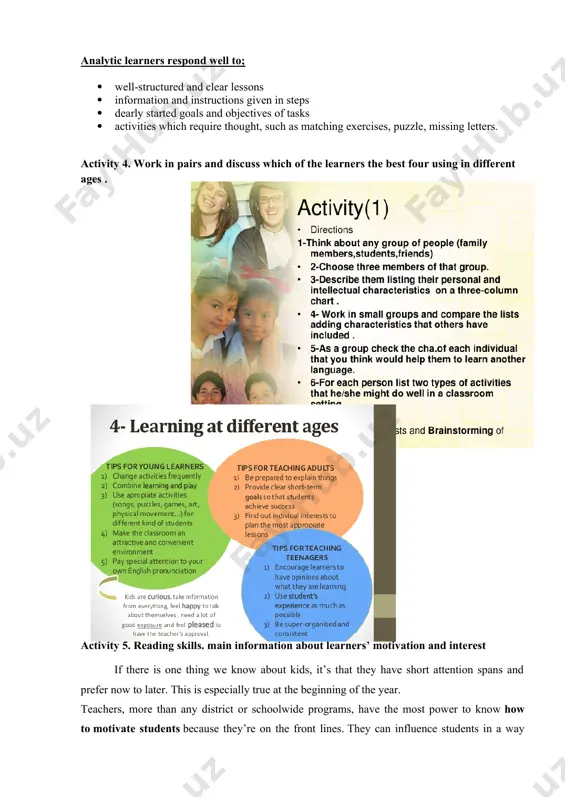 s; discuss/group work for 15 minutes; q&a or guided work time to finish the class. this way, students know what to expect everyday and have less opportunity to act up. · post to the class blog · update calendar · moderate review games · pick start of class music · watch class pet · public relations officer (address people who visit class) · standard class jobs like attendance, cleaning the boards, putting up chairs, etc. everyone struggles to be motivated at some point. when you see your students in that place, try some of these fun ways to engage and enliven your class. if all else fails, it may be time for some consequences. variety is enjoyable for students and teachers alike. avoid getting stuck in a rut and your students will probably find themselves motivated without you even trying to make it happen. activity 8. questions. activity 9. some …