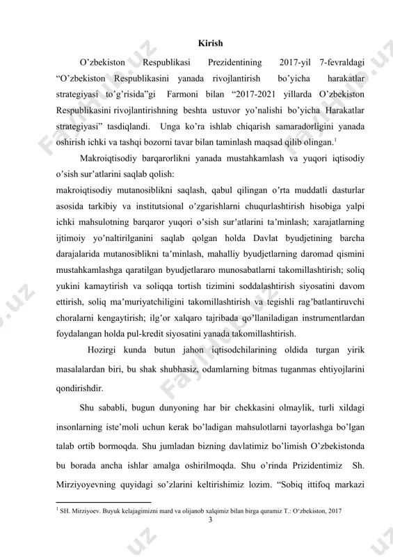 anmas ehtiyojlarini qondirishdir. shu sababli, bugun dunyoning har bir chekkasini olmaylik, turli xildagi insonlarning iste’moli uchun kerak bo’ladigan mahsulotlarni tayorlashga bo’lgan talab ortib bormoqda. shu jumladan bizning davlatimiz bo’limish o’zbekistonda bu borada ancha ishlar amalga oshirilmoqda. shu o’rinda prizidentimiz sh. mirziyoyevning quyidagi so’zlarini keltirishimiz lozim. “sobiq ittifoq markazi o’tkazgan yangi mustamlakachilik hududiy iqtisodiy siyosat oqibatida respublikada xalq xo’jaligi bir tomonlama xom-ashyo bazasi sifatida rivojlandi. texnologiya, resurslar, shuningdek butlovchi buyumlarni bir qismini, xalq is’temoli mollarini etkazib berish jihatidan boshqa respublikalarga juda qaram qilib qo’ydi. ammo “o’zbekiston - kelajagi buyuk davlat, deb ta’kidlamoq uchun barcha asoslar bor. respublikada hamma narsa: tabiiy boyliklar, unumdor yer, qudratli iqtisodiy va ilmiy - texnikaviy, insoniy va ma’naviy salohiyat mavjud” o’zbekiston zaminida juda ulkan va noyob, hali ishlab chiqarishga jalb etilmagan mineral xom-ashyo resurslari to’plangan. ularning 95 turi aniqlangan. respublikada 370 ta kon ishlab, har yili 200 million tonnadan ortiq tog’ jinslari qazib olinmoqda. paxta tolasini yetishtirishda …