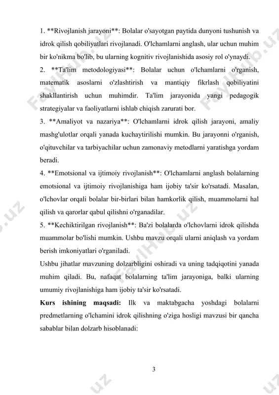 g'ulotlar orqali yanada kuchaytirilishi mumkin. bu jarayonni o'rganish, o'qituvchilar va tarbiyachilar uchun zamonaviy metodlarni yaratishga yordam beradi. 4. **emotsional va ijtimoiy rivojlanish**: o'lchamlarni anglash bolalarning emotsional va ijtimoiy rivojlanishiga ham ijobiy ta'sir ko'rsatadi. masalan, o'lchovlar orqali bolalar bir-birlari bilan hamkorlik qilish, muammolarni hal qilish va qarorlar qabul qilishni o'rganadilar. 5. **kechiktirilgan rivojlanish**: ba'zi bolalarda o'lchovlarni idrok qilishda muammolar bo'lishi mumkin. ushbu mavzu orqali ularni aniqlash va yordam berish imkoniyatlari o'rganiladi. ushbu jihatlar mavzuning dolzarbligini oshiradi va uning tadqiqotini yanada muhim qiladi. bu, nafaqat bolalarning ta'lim jarayoniga, balki ularning umumiy rivojlanishiga ham ijobiy ta'sir ko'rsatadi. kurs ishining tuzilishi: ushbu kurs ishi kirish, asosiy qism va uning tarkibidagi 2 ta bob va bob tarkibidagi 3 ta reja, xulosa, foydalanilgan adabiyotlar ro’yxatidan tashkil topgan. i bob bolalarni geometrik shakllar bilan tanishtirish. 1.1 ilk va maktabgacha yoshdagi bolalarni predmetlarning o’lchamni idrok qilishning o’ziga xosligi маtematika mashg‘ulotlarida bolalar eng sodda geometrik shakllar bilan, ularning ba’zi …