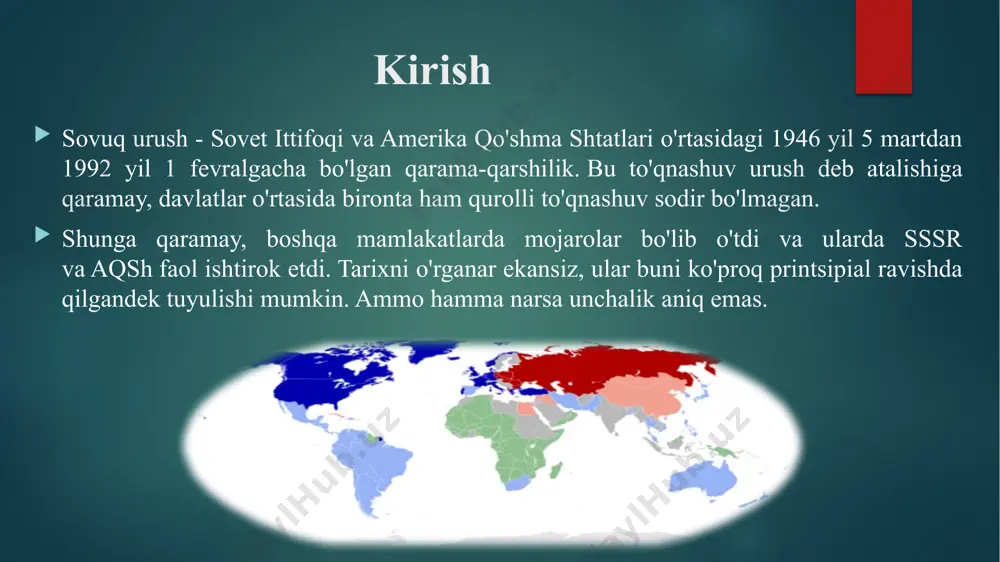 holdir. ular asosan sssr va aqsh boshchiligidagi siyosatchilarning faoliyati bilan ajralib turardi. ular o‘zgargan sari urush kayfiyati ham o‘zgardi. shuningdek, urushning umumiy holatiga boshqa davlatlar ichidagi faoliyat ham ta'sir ko'rsatdi, ayniqsa kapitalizm va sotsializm tarafdorlari o'rtasida kurash olib borilgan. sovuq urushning natijalari va oqibatlari yadroviy kuchlarni qurolsizlantirish. varshava shartnomasiga a'zo mamlakatlarda sotsialistik tuzumning ag'darilishi. sssrning bir qator mustaqil davlatlarga parchalanishi. amerika qo'shma shtatlarining yetakchi davlat maqomini o'rnatishi. urushning boshlanishi sovuq urush rasman 1946 yil 5 martda uinston cherchillning fulton nutqi bilan boshlandi. unda aqsh jahon qudrati cho‘qqisida turgani va buyuk britaniya bilan yonma-yon yovuzlik, urush va zulmga qarshi kurashishi kerakligini aytdi. zulm deganda u, uning fikricha, faqat urush, nifoq va ekspansiya orqali o‘z maqsadlariga erishadigan kommunistik mamlakatlar blokini nazarda tutgan. xulosa urushning yakuniy bosqichi dunyoning ko'plab mamlakatlarida kommunistik rejimlarning butunlay qulashi, kechagi muxoliflar o'rtasida diplomatik va hatto do'stona munosabatlarning o'rnatilishi bilan tavsiflanadi. 1986 yil oktyabr oyida sssr va aqsh prezidentlari …
