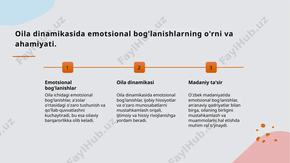 ning mohiyati oila terapiyasi oila ichidagi muammolarni hal qilish uchun mo'ljallangan yondashuv bo'lib, o'zaro aloqalarni kuchaytirishga yordam beradi. 02 zamonaviy yondashuvlar zamonaviy oilaviy terapiya metodlari, masalan, sistematik va kognitiv-behavioral yondoshuvlar, oilaning dinamikasini chuqurroq tushunishga imkon beradi. 03 o'zbek oilalariga moslashuv o'zbek oilalarida oilaviy terapiya an'analarga mos ravishda olib borilib, madaniy kontekstni inobatga olgan holda oila a'zolarining hissiyotlarini tushunishga yordam beradi. oilaviy munosabatlarni tahlil qilishda etnik va madaniy omillar. 1 etnik identifikatsiya o'zbek oilalarida etnik identifikatsiya oilaviy munosabatlarni shakllantirishda muhim rol o'ynaydi, an'anaviy qadriyatlar va urf-odatlar bilan bog'liqdir. 2 madaniy ta'sir o'zbek madaniyati oilaviy munosabatlarga kuchli ta'sir ko'rsatadi, bu esa hissiy bog'lanishlar va oilaviy qarorlar qabul qilishga ta'sir qiladi. 3 ijtimoiy kontekst o'zbek oilalarida ijtimoiy kontekst, masalan, jamiyatdagi turli qatlamlar va rollar, munosabatlar va hissiy bog'lanishlarga ta'sir ko'rsatadi. oila ichidagi hissiy bog'lanishlar va ularning terapiyadagi roli. hissiy bog'lanishlar oila ichidagi hissiy bog'lanishlar, a'zolar o'rtasidagi muhim aloqalarni yaratadi va ularning ruhiy salomatligiga …