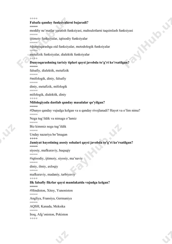 lgan? ==== siyosiy, mafkuraviy, huquqiy ==== #iqtisodiy, ijtimoiy, siyosiy, ma’naviy ==== diniy, ilmiy, axloqiy ==== mafkuraviy, madaniy, tarbiyaviy ++++ ilk falsafiy fikrlar qaysi mamlakatda vujudga kelgan? ==== #hindiston, xitoy, yunoniston ==== angliya, fransiya, germaniya ==== aqsh, kanada, meksika ==== iroq, afg’oniston, pokiston ++++ dastlabki falsafiy maktablar qaysi davlatda shakllangan? ==== #yunon, xitoy, hindiston ==== eron va turon ==== hindiston, eron, rim ==== xitoy, yunon, pokiston ++++ olamning asosi turli unsurlardan iborat, deb hisoblagan dastlabki falsafiy maktabni aniqlang. ==== daosizm ==== jaynizm ==== #chorvaka ==== yoga ++++ qadimgi yunon falsafasi hind va xitoy falsafasidan qaysi xususiyatlari bilan farq qiladi? ==== #kosmotsentrik ==== diniy ==== geliotsentrik ==== gumanistik ++++ «fozil odamlar shahri», «qonunlar haqida kitob» asarlarining muallifi kim? ==== bahouddin naqshband ==== jaloliddin rumiy ==== abu ali ibn sino ==== #abu nasr forobiy ++++ lao szi talimotida substansiya? ==== osmon ==== #dao ==== si ==== yan ++++ tasavvuf falsafasi namoyondalarining fikricha, inson …