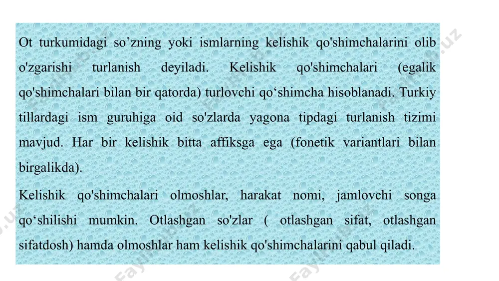 oxirgi bo'g'in)dagi unli lablangan bo'lsa, affiks tarkibidagi unli ham lablangan bo'ladi: quduqnung tasi, soznuij rasti kabi. ... t.me/slaydai_bot qaratqich kelishigi affiksida lab uyg'unligining aks etishi, bir qator turkiy tillarda, jumladan, o'zbek tilida xix asr oxiriga qadar davom etgan. xx asr va undan keyingi davrlarda esa bu qonuniyatga, deyarli, amal qilinmagan, y a’ni tarkibida lab unlisi bo'lgan yurt, quduq, kul, suv kabilarga ham ko'pincha qaratqich kelishigi affiksi —пщ /- nuj shakllarida qo'shilgan: yurtning kisisi, quduqning] suvi. undosh bilan tugagan so'zlarga qo'shiluvchi -it]/ in, -иц / -tin, shakllarining qo'llanishi turkiy tillar taraqqiyotining ma’lum davrlari bilan chegaralangan, ayrim so'zlar uchungina xos bo'lgan. ... t.me/slaydai_bot tushum kelishigining - m / -ni, -in-// in, - i, -i, - nu; -u, -ig, -m /- ni, -n shakllari ishlatiladi. bular bir affiksning turli ko‘rinishlari bo‘lib, qo'llanishi jihatdan bir-biridan farqlanadi: -m / -ni shakli turkiy tillarda tushum kelishigining asosiy ko'rsatkichlaridan biri sifatida qadimdan qo'llanib keladi. bu affiks tushum …