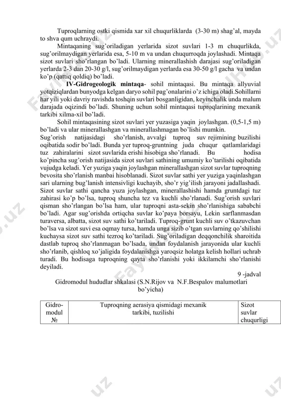 hilgacha bo’lgan masofa to’rtta gidrogeologik mintaqalarga bo’linadi (m.legostayev, 1959). i-gidrogeologik mintaqa- yer usti suvlarining singib kirish mintaqasi. bu mintaqa tog’ va tog’ oldidagi suv yig’ish va daryolarning konus yoyilmalarining ustki qismlardagi maydonlarni o’z ichiga oladi. iqlimi ancha salqin, yillik yog’ingarchilik miqdori 400-600 mm va undan ko’p, bug’lanish esa kam (1000-1200mm) bo’ladi. joyning relyefi asosan makro relyef, mezorelyefli va katta nishablikka ega. tuproqning ustki qatlami uncha qalin bo’lmagan (1,5-2 m) qumoq va gil zarrachalaridan iborat. sizot suvlari bosimsiz, joylashish sathi 10-30 m va undan ham chuqurda bo’ladi, oqim tezlig juda katta. sizot suvlari chuchuk (minerallashganlik darajasi 0,2-0,3 g/l). birinchi gidrogeologik mintaqa tuproqlarining meliorativ holati sho’rlanmaganligi va botqoqlanmaganligi jihatidan juda qulay hisoblanadi. lekin tuproq eroziyasi jihatidan juda noqulaydir. ii-gidrogeologik mintaqa- sizot suvlarining sirtga (yer yuzasiga) tepish mintaqasi. bu mintaqada birinchi gidrogeologik mintaqaning quyi qismlarini va daryo konus yoyilmalarining chegaralarini o’z ichiga oladi. joyning relyefi mezorelyefli, iqlimi birinchi gidrogeologik mintaqaga nisbatan ancha issiq, …