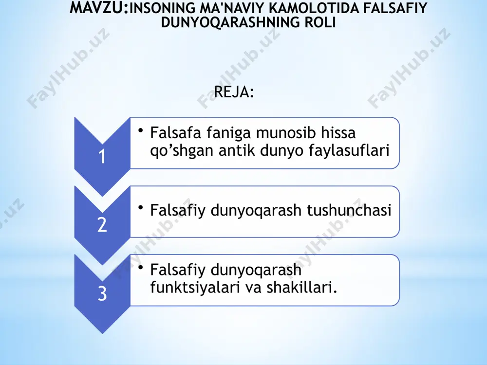 ? dunyoni nima boshqaradi? dunyoda yovuzlik muqarrarmi? inson dunyoni o‘zgartira oladimi? asosiy falsafiy fanlar hozirgi zamon falsafasi doirasida ko‘pincha quyidagi mustaqil sohalarni ajratishadi: falsafa tarixi, ontologiya, gnoseologiya (epistemologiya) , aksiologiya, falsafiy antropologiya, ijtimoiy falsafa, mantiq, din falsafasi, huquq falsafasi, fan falsafasi, texnika falsafasi, tarix falsafasi, madaniyat falsafasi, siyosat falsafasi, global muammolar falsafasi kabi bugungi kunda mustaqil fan maqomini olish bilan birbutun yo‘nalishlarga ajralgan. falsafa dunyoqarash sifatida har qanday falsafa insonning dunyoga nisbatan u yoki bu munosabatini ifodalab, muayyan dunyoqarashni shakllantiradi. falsafaga berilgan eng oddiy va dastlabki ta'riflar: falsafa - bu dunyoqarash yoki boshqacha aytganda: falsafaning mavzusi - «dunyo - inson» tizimidir. dunyoqarash nima? hamma zamonlarda ham inson oldida uning atrof muhitga, boshqa odamlarga, o‘z-o‘ziga nisbatan munosabatini belgilovchi savollar ko‘ndalang turadi. har birimiz unday yoki bunday tarzda ularga duch kelamiz. bizni o‘rab turgan dunyo nimadan tashkil topgan? uni bilib bo‘ladimi va agar bilish mumkin bo‘lsa, qay darajada? insonni o‘zi nima? u …