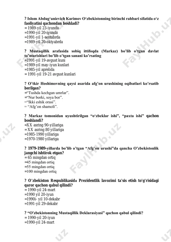 dentlik lavozimi ta'sis etish to'g'risidagi qaror qachon qabul qilindi? = 1990-yil 24-mart =1990 yil 20-iyun =1990i- yil 10-dekabr =1991-yil 29-dekabr ? “o'zbekistonning mustaqillik deklarasiyasi” qachon qabul qilindi? = 1990-yil 20-iyun =1990-yil 24-mart =1990-yil 10-dekabr =1991-yil 31-avgust. ? “o'zbekistonning mustaqillik deklarasiyasi” nechta moddadan iborat? = 12 =10 =17 =15 ? farg’onada fojeali voqealari qachon sodir bo’ldi? =1985-1987 yilning may oyida =1990-yilning iyun-iyul oylarida = 1989-yilning may-iyun oylarida =1991 yilning sentabr oyida ? xx asr 80-yillarning oxirlarida o’zbekiston aholisining nechchi fozi oyiga o’rta xisobda 75 so’mdan kam daromad olgan? = 45 foizi =40 foizi =50 foizi =36 foizi ? o‘zbekiston respublikasining boshqaruv shakliga ko‘ra ... = prezidentlik respublikasi hisoblanadi =monarxiya davlati hisoblanadi =konstitutsion monarxiya hisoblanadi =parlamentar respublika hisoblanadi ? quyidagi davlatlardan qaysi biri o‘zbekistonning mustaqilligini birinchi bo‘lib tan olgan? =aqsh = turkiya =eron =xitoy ? 1992 yilning 8 dekabrigacha mustaqil o‘zbekiston respublikasining vaqtinchalik konstitutsiyasi vazifasini bajargan hujjatni aniqlang =“o‘zbekistonning mustaqillik deklarasiyasi” = …