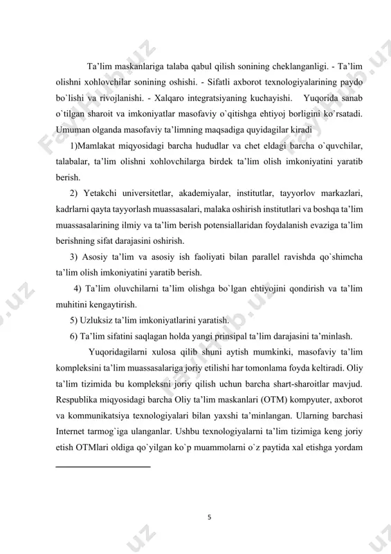 ularning barchasi internet tarmog`iga ulanganlar. ushbu texnologiyalarni ta’lim tizimiga keng joriy etish otmlari oldiga qo`yilgan ko`p muammolarni o`z paytida xal etishga yordam beradi. darhaqiqat, masofaviy o`qitish nima, undan uzluksiz ta’lim tizimida qanday foydalanish mumkin. uning qanday shakl va modellari mavjud? insoniyat yigirmanchi asr nihoyasida bir turkum muammolarga duch keldikim, ular bevosita axborot telekommunikatsiya sohasidagi jiddiy o`zgarishlar, xususan axborot texnologiyalarining jadal sur’atlar bilan rivojlanishiga bog`liq. ta’lim, ishlab chiqarish va kishilik jamiyatining turli jabhalariga yangi axborot kommunikatsiya vositalari kirib kela boshladi. internet global kompyuter tarmog`ini rivojlanishi butun dunyo ta’lim tizimini takomillashtirishning yangi yo`nalishlarini ochilishiga sabab bo`ldi. birinchidan, o`quv muassasalarining texnik ta’minotini keskin o`zgarishi, dunyoviy axborot resurslarga keng yo`l ochilishi o`qitishning yangi shakl va usullaridan foydalanish zaruratini keltirib chiqardi. zamonaviy axborot va kommunikatsiya texnologiyalari vositalarini ta’lim jarayoniga kirib kelishi an’anaviy o`qitish usullariga qo`shimcha ravishda yangi o`qitish shakli - masofaviy o`qitish yaratilishiga omil bo`ldi. masofaviy ta’limda talaba va o`qituvchi fazoviy bir-biridan ajralgan holda o`zaro …