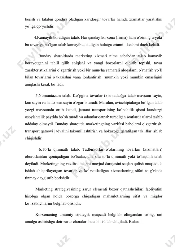 ng faoliyatining tayyor yo`l-yo`rig`i yo`q. talabga ta`sir ko`rsatishning usul-amallari har bir korxona va bozorga kiritiladigan har bir tovar uchun yangidan ishlab chiqiladi. chet mamlakatlarda buning uchun maxsus firmalar va institutlar tashkil etilgan. yirik korxonalardan birontasi marketing bilan shug`ullanadigan maxsus bo`lim (yoki xizmatsiz) tirikchilik qila olmaydi. marketing faoliyatida reklama muhim narsa hisoblanadi. reklamaning vazifasi – mavjud bozor segmentini mustahkamlab, yangi-yangi xaridorlarni topib borish, yangi bozorlarni shakllantirish orqali iste`molchilar doirasini kengaytirishdir. biroq, xaridorning psixologiyasi uchun firmaning iste`mol bozoridagi obro`-e`tibori va tovar markasining muhim ahamiyatini alohida ta`kidlash zarur. sotuvni rag`batlantirish marketing vazifalaridan biri bo`lib, bozorga kiritiladigan tovar realizatsiyasini rejalashtirilgan miqdorga etkazishga imkon beradi. demak, u qilingan sarf-xarajatlarning o`rnini to`ldirib, foyda olishga imkon beradi. sotuvni rag`batlantirish uchun yarmarkalar, mollar sotiladigan ko`rgazmalar singari faol shakllaridan, maxsus savdo agentlarining xizmatlaridan, shuningdek, imtiyozli baholar qo`yish usullaridan foydalanish mumkin. shunday qilib, marketing bizning xo`jalik hayotimizga bozor iqtisodiyoti bilan birgalikda kirib kelgan tushuncha bo`lib, uni yaxshilab o`zlashtirish, joriy qilish …