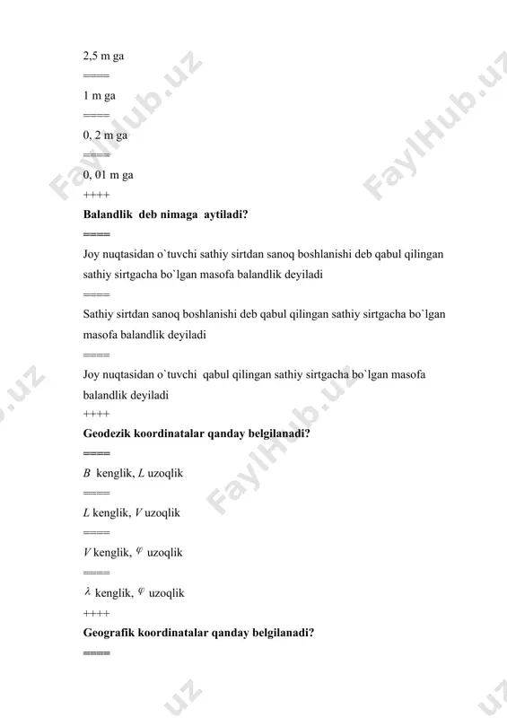 afik, zonali to`g`ri burchakli va qutbli koordinatalar sistemasi ==== geografik, to`g`ri burchakli va qutbli koordinatalar sistemasi ==== geografik, to`g`ri burchakli va zonali to`g`ri burchakli koordinatalar sistemasi ++++ to`g`ri burchakli koordinatalar sistemasi vazifasi nimadan ibort? ==== kichik joylarning planini tuzish ==== kichik joylarning kart tuzish ==== kichik joylarning kart, plan tuzish ==== kichik joylarning profilini tuzish ++++ zonali to`g`riburchakli koordinatalar sistemasi vazifasi nimadan ibort? ==== yer sirtini topografik kartalarda tasvirlashda qo`llaniladi. ==== yer sirtini planlarda tasvirlashda qo`llaniladi. ==== yer sirtini loyiha qilishda qo`llaniladi. ==== yer sirtini profillarda tasvirlashda qo`llaniladi ++++ 1:1000000 mаsshtаbdаgi tоpоgrаfik kаrtаni bir vаrоg`idа nеchа dоnа 1:100000 mаsshtаbdаgi tоpоgrаfik kаrtаtаsvirlаnаdi? ==== 144 dоnа. ==== 36 dоnа ==== 100 dоnа ==== 256 dоnа ++++ 1:1000 000 masshtabdagi karta varag`ining nomenklaturasi qanday belgilanadi? ==== lotin alifbosi bosh xarflari va arab raqamlari bilan ==== lotin alifbosi bosh xarflari va rim raqamlari bilan ==== rus alifbosi bosh kartalari va arab raqamlari bilan ==== …