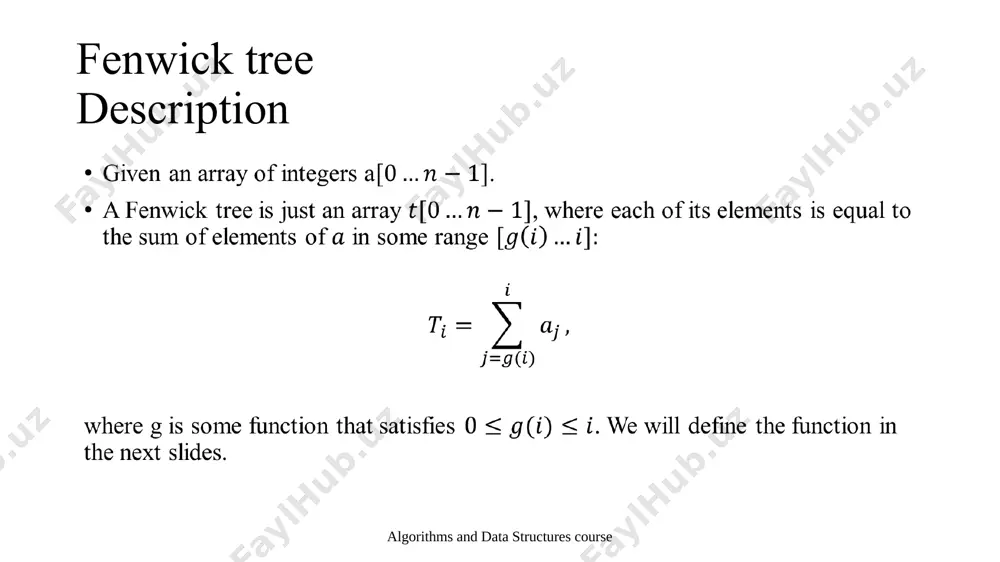 e as tree. the nodes of the tree show the ranges they cover. 7 3 1 5 2 0 4 6 0 1 2 3 4 5 6 7 fenwick tree finding sum in one-dimensional array algorithms and data structures course here we have an implementation of the fenwick tree for sum queries and single updates. the normal fenwick tree can only answer sum queries of the type using , however we can also answer other queries of the type by computing two sums and and subtract them. this is handled in the method. fenwick tree finding sum in one-dimensional array algorithms and data structures course fenwick tree finding minimum of [0;r] in one-dimensional array algorithms and data structures course there is no easy way of finding minimum of range using fenwick tree, as fenwick tree can only answer queries of type [0;r]. additionally, each time a value is d, …