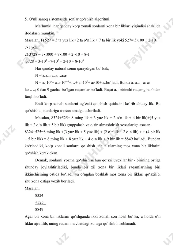 i ayirish algoritmi. bir xonali sonlarni qo‘shish jadvali va ayirish amalining ta’rifidan foydalangan holda, ayirish jadvalini tuzish mumkin. 1 ni ayirish jadvali. 2–1=1 6–1=5 3–1=2 7–1=6 4–1=3 8–1=7 5–1=4 9–1=8 5 ni ayirish jadvali 5–5=0 8–5=3 6–5=1 9–5=4 7-5=2 va hokazo ko‘p xonali sonlarni og‘zaki ayirish yig‘indi va ayirmaning xossalaridan foydalanib amalga oshiriladi. 862 - 241= ( 8 yuz lik + 6 o‘n lik + 2 bir lik) - (2 yuz lik + 4 o‘n lik + 1 bir lik) = ( 8 yuz lik - 2 yuz lik)+(6 o‘n lik - 4 o‘n lik) + (2 bir lik- 1 bir lik) = 6 yuz lik + 2 o‘n lik + 1 bir lik = 621. yozma ayirishda kamayuvchi va ayriluvchi ustun tarzda mos xona bir liklari bir -biri tagiga yoziladi va tagiga chizilib, uning tagiga mos xonalar ayirmalari natijalari eng kichik xona bir liklaridan boshlab yoziladi: 862 -241 621 …