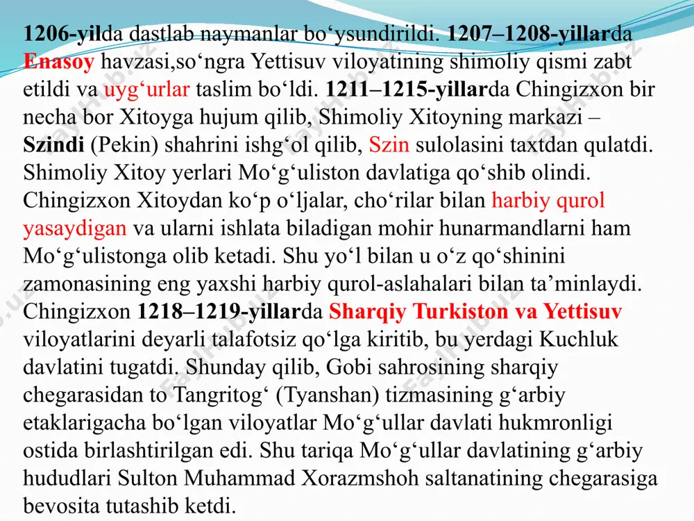 h uchun 1218-yilning o‘zidayoq xorazmga juda katta savdo va elchilar karvonini jo‘natadi. karvon ko‘p miqdorda oltin, kumush buyumlar, xitoy ipak matolari, suvsar va qunduz mo‘ynalari va boshqa har xil qimmatbaho mollar ortilgan 500 tuyadan hamda 450 musulmon savdogarlardan tashkil topgan edi. bu ulkan savdo karvoni mamlakat poytaxti urganch shahri tomon borar edi. ammo karvon yo‘lda chegara shahar o‘trorda ushlanib qoladi. shaharning noibi g‘oirxon (inolchiq) tomonidan karvon talanib, savdogarlarning hammasi qirib tashlanadi. faqat bir tuyakashgina o‘limdan qutulib qoladi. u chingizxonning qarorgohiga zo‘rg‘a yetib borib, karvonning dahshatli qismatidan xabar beradi. chingizxon nihoyatda g‘azablanadi, ammo g‘azabini bosib, ibn kafroj bug‘roni ikki ishonchli mulozim kuzatuvchilar bilan xorazmshoh huzuriga elchi qilib yuboradi. chingizxon sulton muhammaddan aybdorlarni jazolashni va inolchiqni tuttirib, uning ixtiyoriga jo‘natishni talab qiladi. xorazmshoh chingizxonning talabiga javoban elchini o‘ldirishni va u bilan birga kelgan ikkita mulozimning soqol mo‘ylovlarini qirib, sharmanda qilib qaytarib yuborishni buyuradi. bu voqealar ikkita eng katta davlatlar o‘rtasida savdo aloqalari …