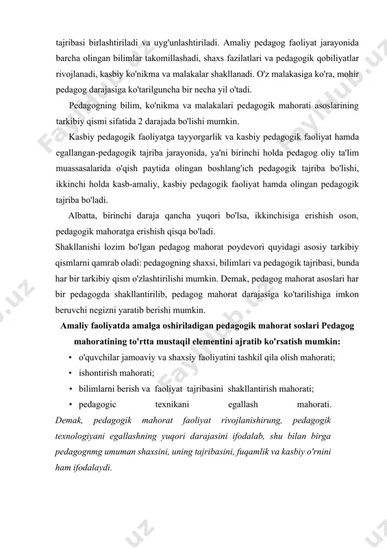 agog mahorat darajasiga ko'tarilishiga imkon beruvchi negizni yaratib berishi mumkin. amaliy faoliyatda amalga oshiriladigan pedagogik mahorat soslari pedagog mahoratining to'rtta mustaqil elementini ajratib ko'rsatish mumkin: • o'quvchilar jamoaviy va shaxsiy faoliyatini tashkil qila olish mahorati; · ishontirish mahorati; · bilimlarni berish va faoliyat tajribasini shakllantirish mahorati; • pedagogic texnikani egallash mahorati. demak, pedagogik mahorat faoliyat rivojlanishirung, pedagogik texnologiyani egallashning yuqori darajasini ifodalab, shu bilan birga pedagognmg umuman shaxsini, uning tajribasini, fuqamlik va kasbiy o'rnini ham ifodalaydi. pedagogik mahoratga erishish usullari: pedagogik mahoratga erishish usullariga quyidagilar kiradi: 1. malaka oshirishning turli shakllarida ta'lim olish. 2. mustaqil ravishda o'z pedagogik bilimlarini oshirish. 3. ilg'or pedagogik tajribalarini o'rganish va ulardan foydalanish. 4. shaxsiy pedagogik tajribani tahlil etish va umumlashtirish. 5. metodik hay'at, shuba va birlashmalar ishida ishtrok etish. 6. ochiq darslarga kirish va ularni tahlil etish, o'zaro darslarga kirish. 7. pedagogik o'qishlar, konferensiyalar va seminarlar ishida ishtirok etish. 8. pedagogik murabbiylik. 9. metodik …