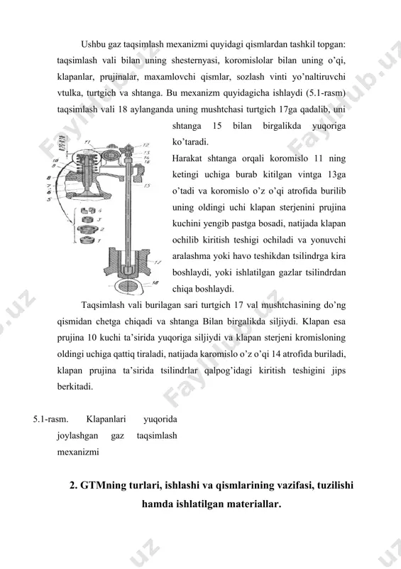 a buriladi, klapan prujina ta’sirida tsilindrlar qalpog’idagi kiritish teshigini jips berkitadi. 5.1-rasm. klapanlari yuqorida joylashgan gaz taqsimlash mexanizmi 2. gtmning turlari, ishlashi va qismlarining vazifasi, tuzilishi hamda ishlatilgan materiallar. klapanlari va taqsimlash vali yuqorida joylashgan gaz taqsimlash mexanizmining tuzilishi va ishlashi. klapanlarga va taqsimlash vali yuqorida joylashgan gaz taqsimlash mexanizmida turtgich va shtanga bo’lmaydi, shu sababli kamayadi. klapanli mexanizmning inertsiya kuchi kamayadi. bo’lar dvegatel ishida shovqinni kamaytiradi va tirsakli valining aylanishlar sonini ko’paytirishga imkoniyat chratadi (5.2-rasm). bu turdagi gaz taqsimlash mexanizmi uch turga bo’linadi: (5.2-rasm, a), klapanlar ikki qator joylashgan (5.2-rasm, b), va stakan shakli, turtkichli (5.2-rasm, v). birinchi turdagi mexanizm. vaz-2105, 2107 “jiguli” dvigatellariga o’rnatilgan bo’lib, taqsimlash vali blok qopqog’iga o’rnatilgan. taqsimlash vali qulokchasi orqali harakat bir yelkali richag (roker) ga uzatiladi. rokerning bir uchi klapan sterjeniga, ikkinchi uchi 5 botiqli sferali uchiga tayanib turadi. rokerni shpilka prujinasi yordamida ushlab turiladi. ikkinchi turdagi mexanizm “moskvich” rusumli dvigatellarga o’rnatilgan (5.2-rasm, …