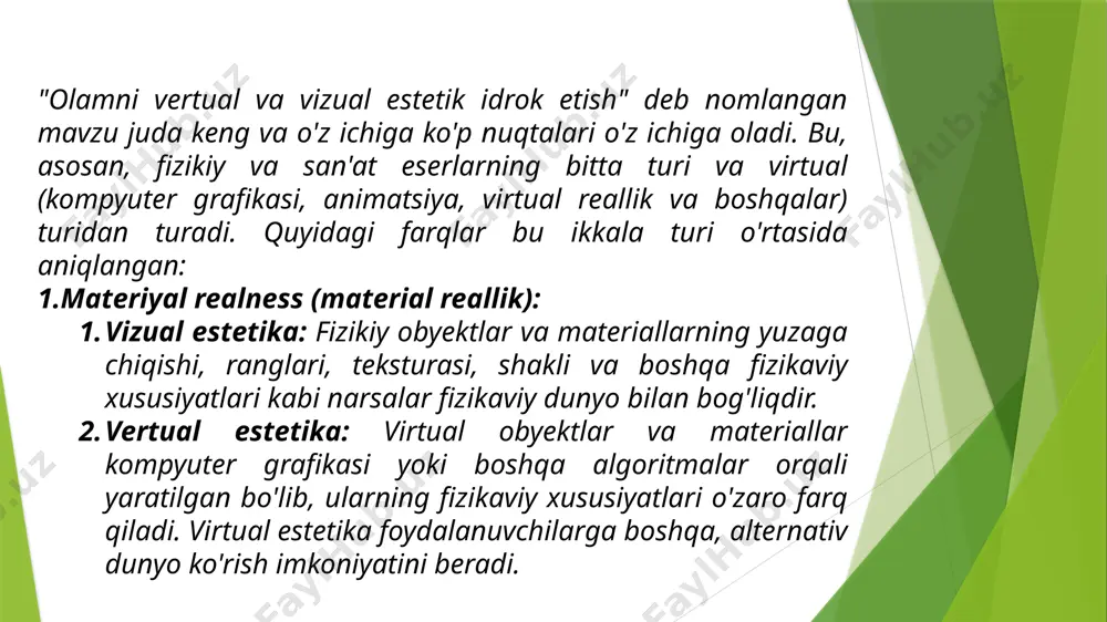 t qilish orqali yangi tajribalar olishlari mumkin. expressivlik va yaratilgan dunyolar: vizual estetika: vizual estetika, san'at eserlari, tasvirlar, va boshqa fizikaviy obyektlar orqali expressivlik va ifodalanish imkoniyatlarini olib chiqaradi. bu obyektlar va san'at asarlari orqali avtorni izohlash va izohni tushuntirish mumkin. vertual estetika: vertual estetika esa, foydalanuvchilarga o'zlarining yaratilgan dunyolarda ifodalash, yangi tasavvurlar yaratish va expressivlikni oshirish imkoniyatlarini olib chiqaradi. virtual dunyolar, boshqa xayollar orqali real dunyoni ifodalashda bevosita yaratilgan dunyoni modifikatsiya qilish va shakllantirishga imkon beradi. xulosa material realness: vizual estetika: fizikaviy dunyo asosida yaratilgan san'at eserlari va obyektlar materiallarning realness va tushunchasini o'z ichiga oladi. vertual estetika: virtual dunyolar esa, kompyuter grafikasi va boshqa texnologiyalar orqali yaratilgan bo'lib, materiallarning realnessi o'zgaruvchan bo'lishi mumkin. interaktivlik va o'zgarmaslik: vizual estetika: fizikiy dunyoda, obyektlar va san'at eserlari bilan o'zaro interaktivlik cheklanadi. vertual estetika: virtual dunyolar foydalanuvchilar uchun eng muhim bo'lgan interaktivlik va o'zgarmaslik imkoniyatlarini olib chiqaradi. foydalanilgan adabiyotlar "the art of …