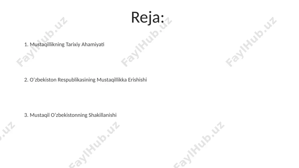 rshi emas” tamoyiliga asoslangan boʻlib, bu mamlakatning afgʻoniston, tojikiston va qirgʻiziston kabi qoʻshni davlatlar bilan 20 dan ortiq strategik hamkorlik shartnomalarini imzolashga olib keldi. oʻzbekiston mustaqilligining dastlabki yillarida 1991-yildan 1995-yilgacha 100 dan ortiq davlat bilan diplomatik munosabatlar oʻrnatildi, shu jumladan qoʻshma shtatlar, buyuk britaniya va rossiya federatsiyasi kabi yirik davlatlar bilan. oʻzbekiston respublikasining mustaqillikka erishish yoʻli 1990-yil 20-iyunda oʻzbekiston oliy kengashining davlat suvereniteti toʻgʻrisidagi deklaratsiyasi qabul qilinishi, respublikaning mustaqillikka erishish yoʻlida muhim qonunchilik hujjati boʻldi. oʻzbekiston kommunistik partiyasi ichidagi islohotchi kuchlarning faolligi, masalan, i.a. karimovning siyosiy mavqei kuchayishi, mustaqillik jarayonini tezlashtirdi. davlat ramzlari va davlat tuzilishining shakllanishi 1992-yil 2-iyulda qabul qilingan konstitutsiya oʻzbekistonning mustaqil davlat sifatidagi huquqiy asoslarini mustahkamlab, prezidentlik boshqaruv tizimini oʻrnatdi. oʻzbekiston respublikasining davlat bayroғi 18 noyabr 1991 yilda, mustaqillikning eʼlon qilinganidan keyin qabul qilingan boʻlib, unda 12 yulduz va oy tasvirlangan. e'tiboringiz uchun rahmat @taqdimot_robot image4.jpg image5.jpg image6.jpg image7.jpg image8.jpg image9.jpg image10.jpg image1.jpeg image2.jpeg