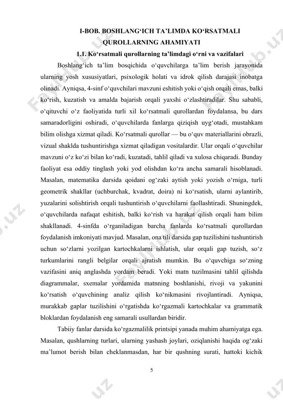 qolarli bo‘ladi. agar faqat nazariy ma’lumot bilan cheklanilsa, bola bu bilimni tezda unutadi. ko‘rsatmali vositalar o‘quvchini faollikka undaydi. ular o‘zlari kuzatgan obyekt haqida savollar beradi, o‘qituvchi bilan fikr almashadi. bu esa kommunikativ ko‘nikmalarning shakllanishiga olib keladi. ayniqsa, zamonaviy interaktiv doskalar, slaydlar, elektron darsliklar, animatsiyalardan foydalanish darsni nafaqat ko‘rgazmali, balki texnologik jihatdan ilg‘or qiladi. misol uchun, informatika darsida kompyuter monitorida harakatlanayotgan algoritm sxemasi orqali jarayon tushuntirilsa, o‘quvchining tushunishi, eslab qolishi bir necha barobar ortadi. shuningdek, bolalarning o‘rganishga nisbatan motivatsiyasi kuchayadi. ko‘rsatmali qurollarning yana bir muhim afzalligi – mavzuni konkretlashtirishi. masalan, tabiatshunoslik darsida “suvning holatlari” mavzusi o‘tilayotgan bo‘lsa, muz parchasini eritish, suvni qaynashiga oid tajribalar o‘tkazish orqali mavzuni bevosita ko‘rsatish mumkin. bu orqali bola nafaqat o‘rganadi, balki darsda ishtirok etadi, savol beradi, tajribaga baho beradi. natijada dars unutilmas taassurot qoldiradi. ko‘rsatmali qurollarning vazifalari juda keng. birinchidan, ular ta’limda axborot berish funksiyasini bajaradi: mavzu mazmunini yetkazadi. ikkinchidan, tushunchalarni aniqlashtiradi: o‘quvchi mavzuni o‘zicha talqin …
