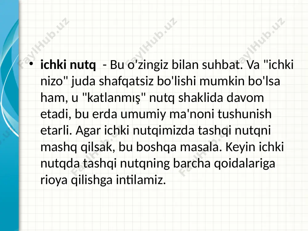 ashgan" va loyqa. shu sababli, fikr embriologiyasi ham loyqa. o'zingiz uchun ham fikrni aniq va ravshan qilish uchun uni baland ovoz bilan aytish kerak yoki hech bo'lmaganda ushbu talaffuzni "qayta mashq qilish" kerak. ammo fikringizni boshqalarga tushuntirish yaxshidir. это другой параметр для обзорных слайдов, использующих переходы. 3 shunda siz uchun ham aniqroq bo'ladi. uchinchi marotaba talabalarga tushuntirganida, bu mavzuni tushunishni boshlaganini ta'kidlagan professor haqidagi latifali hikoya haqiqat emas. ammo fikrlarning ravshanligi va to'liqligini yozma ravishda yozish ayniqsa foydalidir, agar siz kundalikni saqlasangiz, unda nafaqat voqealarning haqiqiy tavsifini, balki ushbu voqealar haqidagi fikrlaringizni ham kiriting. bunday yozma "fikrlash" sizga katta foyda keltiradi. 4 shaxsning yoshga bog'liq rivojlanishi jarayonida nutqning rivojlanishi uzoq va murakkab jarayondir. bola hayotining birinchi kunlaridan boshlab nutqni o'zlashtirishda tayyorgarlik, nutqdan oldingi davr boshlanadi. allaqachon qichqiriqlar bolaning nafas olish va nutq apparatlarini rivojlantiradi (esda tutishimiz kerakki, bolaning qichqirig'i uning holatida qandaydir muammo borligini anglatadi). keyin nutqning shakllanishi bilan bevosita …