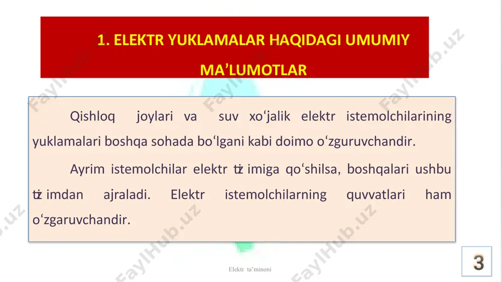 ng ta’sir etish muddati « t » quyidagi formuladan topiladi: t1  200 t1 qish165 t1 yoz; t2  200 t2 qish165 t2 yoz; …………..………………………. tn  200 tn qish165 tn yoz; elektr ta’minoni 18 kordinata o‘qlariga kerakli ma’lumotlarni qo‘yib yillik yuklama grafigini tuzamiz (3.8 - rasm). agar grafikning yuzasini shtrix chizig‘i bilan qoplasak, yillik istemol qilingan energiya miqdori (soat) topiladi (3.8 rasm). bu grafikda po‘rt – o‘rtacha yillik quvvat bo‘lib, u yil davomida uzatilgan elektr energiya miqdori “a” ning yil davomidagi elektr energiyadan foydalanish vaqt oralig‘i (soat) 8760 bo‘linganiga teng. elektr energiyadan foydalanish bo‘yicha kunlik, oylik, mavsumiy va yillik yuklama grafiklariga ega bo‘lib elektr ta’minot tizimdaga barcha ko‘rsatgichlarni loyihalash mumkin. grafikdan hisob yuklamasini topish uchun yarim soat vaqt mobaynidagi eng katta qiymatni olinadi. bu hisob yuklama grafiklarida maksimal yuklamadan foydalanish muddatlari yarim soatdan ortmaganda o‘rinli hisoblanadi. ushbu holat uchun ekvivalent quvvat (pekv) quyidagi formuladan topiladi: elektr ta’minoni 19 ushbu …