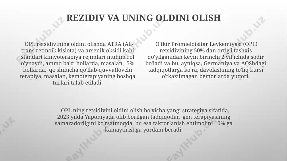 mlakatlarida aplning tarqalishi boshqa mintaqalarga nisbatan yuqoriroq. hayot sifatini yaxshilash bemorlarning 85 foizidan ko'prog'i apl davolashdan keyin 5 yil ichida sog'lig'ini tiklaydi va normal hayot kechirish imkoniyatiga ega bo'ladi, bu esa o'zbekiston kabi rivojlanayotgan mamlakatlarda ham kuzatilmoqda. o'tkir promielotsitar leykemiyada (apl) bemorlarning hayot sifatini yaxshilash uchun 2023-yilda jahon sog'liqni saqlash tashkiloti (jsst) tomonidan 50 dan ortiq mamlakatda 1000 dan ziyod shifokorlarni o'qitish dasturi ishlab chiqildi. apl davolashda all-trans retinoik kislotasi (atra) va antratsiklinlar kombinatsiyasi 90% dan ortiq remissiya darajasiga erishish imkonini beradi, bu esa bemorlarning hayot sifatini sezilarli darajada yaxshilaydi, masalan, aqshdagi tadqiqotlar shuni ko'rsatdiki. klinik ko'rinishlar bemorlarning 70% gacha qon ketishi bilan og'riydilar, bu burun qon ketishidan tortib, og'ir ichki qon ketishlargacha bo'lishi mumkin, masalan, samarqand viloyatida qayd etilgan hollarda. leykemik infiltratsiya tufayli jigar va taloq kattalashishi (splenomegaliya va gepatomegaliya) ko'pincha aniqlanadi, o'rtacha kattalashish darajasi 2-3 barobarga yetadigan andijon viloyati shifoxonalarining ma'lumotlariga ko'ra. o'tkir promielotsitar leykemiyaga chalingan bemorlarda tez-tez …