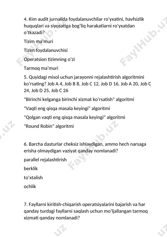 q xavfsizligini boshqarish 9. qaysi protokol gipermatnni ikkita kompyuter o‘rtasida uzatish uchun mo‘ljallangan? smtp http imap www 10. o‘zgaradigan joriy oqimning kontekstini saqlash; rejalashtirish natijasida tanlangan yangi oqim kontekstini yuklash; bajarish uchun yangi oqimni ishga tushirish. ushbu qadamlar ...... deyiladi. kontekstni almashtirish dispetcherlash yangi oqimni yuklash rejalashtirish 11. qanday tarmoq topologiyasida uzatuvchidan qabul qiluvchiga yuborilgan ma’lumot markaziy kontrollerdan o’tadi? shina topologiyasi daraxtsimon topologiya halqa topologiyasi yulduz topologiyasi 12. mikroyadroga asoslangan operatsion tizimning ishlashi (klassik arxitektura bilan taqqoslaganda) ..... bo‘ladi past emas yuqori har doim pastroq ba'zida pastroq 13. xotirani boshqarishning mashhur usuli bu ...... xotirani qo‘llab-quvvatlash mexanizmi hisoblanadi. virtual birlashtirilgan kengaytirilgan qo‘shimcha 14. operatsion tizimda autentifikatsiya qilish funksiyalari quyidagilarga qaratilgan: identifikatsiya va avtorizatsiyani bajarish identifikator va kod kombinatsiyasini tekshirish xavfsizlik ruhsatlari to‘g‘risidagi ma'lumotlarni hisoblash va yig‘ish tizimdagi foydalanuvchining huquqlari va va identifikatori 15. ubuntu operatsion tizimida faylni o‘chirish uchun qaysi buyruqdan foydalaniladi? rm top mdir touch 16. qoida tariqasida, quyidagilar …