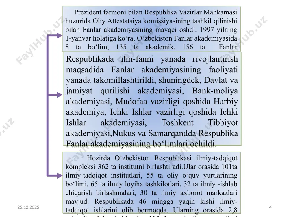 espublikasi innovatsion rivojlanish vazirligi tashkil etildi. o’zbekistonda fanlar akademiyasi haqiqiy a’zoligiga oxirgi saylovlar 1995-yilda o‘tkazilgan edi. o‘tgan yillar mobaynida akademiklarning soni 2martadan ko‘proqqa qisqardi va 2017-yilga kelib akademiyaning atigi 63 nafar haqiqiy a’zosi qolgan edi. o‘zbekiston respublikasi prezidentining 2017-yil 29-dekabrdagi «o‘zbekiston respublikasi fanlar akademiyasining haqiqiy a’zolarini tasdiqlash to‘g‘risida»gi tarixiy farmoni bilan 22 yillik uzoq tanaffusdan so‘ng fanlar akademiyasining 32 nafar yangi haqiqiy a’zolari tasdiqlandi. 2018-yilga kelib ilmiy tadqiqot bilan shug‘ullanuvchi 400 ta muassasa ro‘yxatga olingan bo‘lib, fan sohasida 36 ming mutaxassis, jumladan, 2 mingdan ortiq fan doktori va 9 mingdan ortiq fan nomzodi faoliyat olib bormoqda. образец текста второй уровень третий уровень четвертый уровень пятый уровень 1 - reja o‘zbekiston respublikasi innovatsion rivojlanish vazirligi mustaqillikning dastlabki yillarida ta’lim tizimi. 11 madaniy-ma’naviy rivojlanishning eng muhim poydevori – ta’lim tizimidir. chunki zamon talablariga javob beradigankadrlarni yetishtirmasdan jamiyatni yuksaltirib bo‘lmaydi. o‘zbekistonda 1992-yil 2-iyulda «ta’lim to‘g‘risida»gi qonun qabul qilindi va bu qonunga asosan mamlakatimizda …