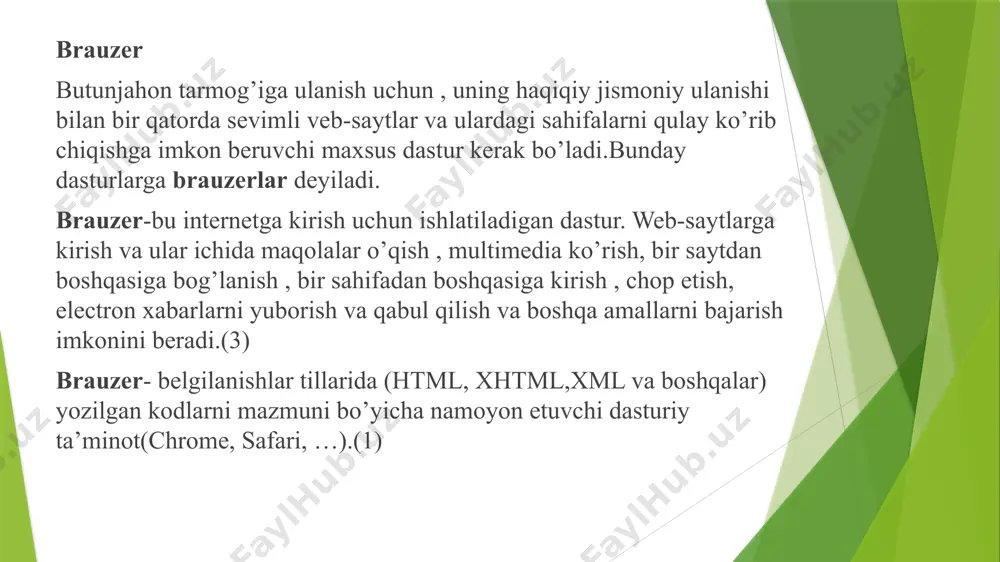 ex tehnologiyasini ishlatish ilojsiz boʻladi.(2) google chrome – google tomonidan ishlab chiqarilgan ochiq manbalik veb brauzer. 2008-yil 2-sentabrda keng ommaga beta relizi taqdim etildi google chrom sinxromlashtirish kabi ajoyib xususiyatga ega , ya’ni bir qurilmada saqlab qo’ygan ma’lumotlaringizdan boshqa qurilmangizda ham foydalanishingiz mumkin.(3) yandex- rossiyada eng mashhur internet qidiruv sistemasi hamda katta internet portal.yandex.ru kompaniyasining sayti , 1997-yilning kuzida ochilgan. yandex brauzer runet-ning ish stoli kompyuteri bozorida ikkinchi o’rinni egallaydi.2019-yil dekabr holatiga ko’ra runet-dagi barcha qurilmalar orasida brauzer ulushi 20,05% ni tashkil etadi. yandex internet bo’yicha dokumentlari o’zbek, rus, ukrain, qozoq, beelarus, ingliz va fransuz tillarida taqdim qiladigan brauzer hisoblanadi. ushbu brauzerda tez ishlash uchun barcha kerakli piktogrammalar ishchi panelda bo’ladi.shuning uchun qulaylikni ta’minlaydi.(3) xulosa brauzerlar, internetning ajralmas qismi bo'lib, foydalanuvchilarga ma'lumotlarni tez va samarali qidirish imkonini beradi. ularning turlari esa foydalanuvchilarning ehtiyojlariga qarab farqlanadi. har bir brauzerning o'ziga xos xususiyatlari va afzalliklari bor, bu esa foydalanuvchilarga turli vazifalarni bajarishda …