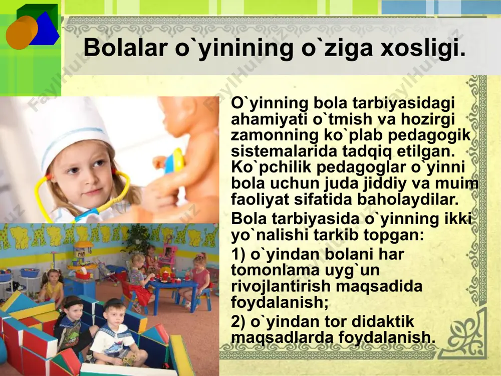 xs xususiyat va fazilatlarini shakl­lantirishda ham zarurdir. binobarin, katta yoshdagi odamlar rolini tanlab, uni bajarish bolaning hissiy-tuygularini qo`zg`atuvchilar bilan uzviy bog`lik holda namoyon bo’ladi. chunki o`yin davomida bolada har xil hohish va istaklar tug`ila boradi, bular boshqa narsalarning tashki alomatlari o’ziga rom etishi sababli hamda bolaning ixtiyoridan tashqari, tеngdoshlarining ta'siri ostida tugiladi. 14 e’tiboringiz uchun raxmat image2.jpeg image3.jpeg image4.jpeg image5.jpeg image6.jpeg image7.jpeg image8.jpeg image9.jpeg image10.jpeg image11.jpeg image12.jpeg image13.jpeg image14.jpeg image15.jpeg image16.jpeg image1.jpeg 22675642 /docprops/thumbnail.jpeg