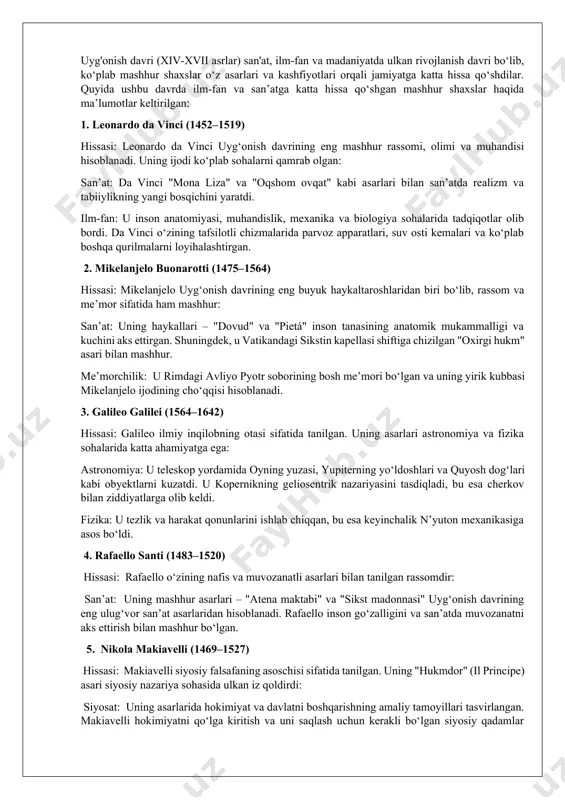 hissasi: lyuter uyg‘onish davrida diniy islohotlarning boshida turgan: diniy islohotlar: lyuterning 95 ta tezi protestantizmning asosini qo‘ygan va cherkovdagi korruptsiya va noto‘g‘ri amaliyotlarga qarshi chiqish orqali yevropada diniy inqilobni boshlab bergan. bu esa rim-katolik cherkovining hukmronligini zaiflashtirdi va yangi diniy oqimlarning paydo bo‘lishiga olib keldi. 8. tyuriy brahe (1546–1601) hissasi: brahe astronomiyada kuzatishlar olib borishda yetakchi olim bo‘lgan: astronomiya: u o‘zining aniqlik bilan olib borgan yulduzlar va sayyoralarning harakati haqidagi kuzatuvlar orqali zamonaviy astronomik nazariyalarga asos yaratdi. brahe yerdan osmon jismlarini kuzatishda ilg‘or optik usullardan foydalangan. uyg‘onish davrining ilm va san’atda mashhur shaxslari o‘z davrlarida yangi g‘oyalar, texnikalar va falsafalarni joriy etish orqali jamiyat rivojlanishiga katta hissa qo‘shdilar. ushbu shaxslar olamni yangicha tushunishga yo‘l ochdilar va ularning asarlari hozirgi zamon ilm-fan va san’atiga katta ta’sir ko‘rsatdi. savol 3. uyg'onish davri yevropa jamiyatiga qanday ta'sir ko'rsatadi? uyg‘onish davri (renessans) yevropa jamiyatiga chuqur ta’sir ko‘rsatgan bo‘lib, bu ta’sir jamiyatning madaniy, ilmiy, ijtimoiy …