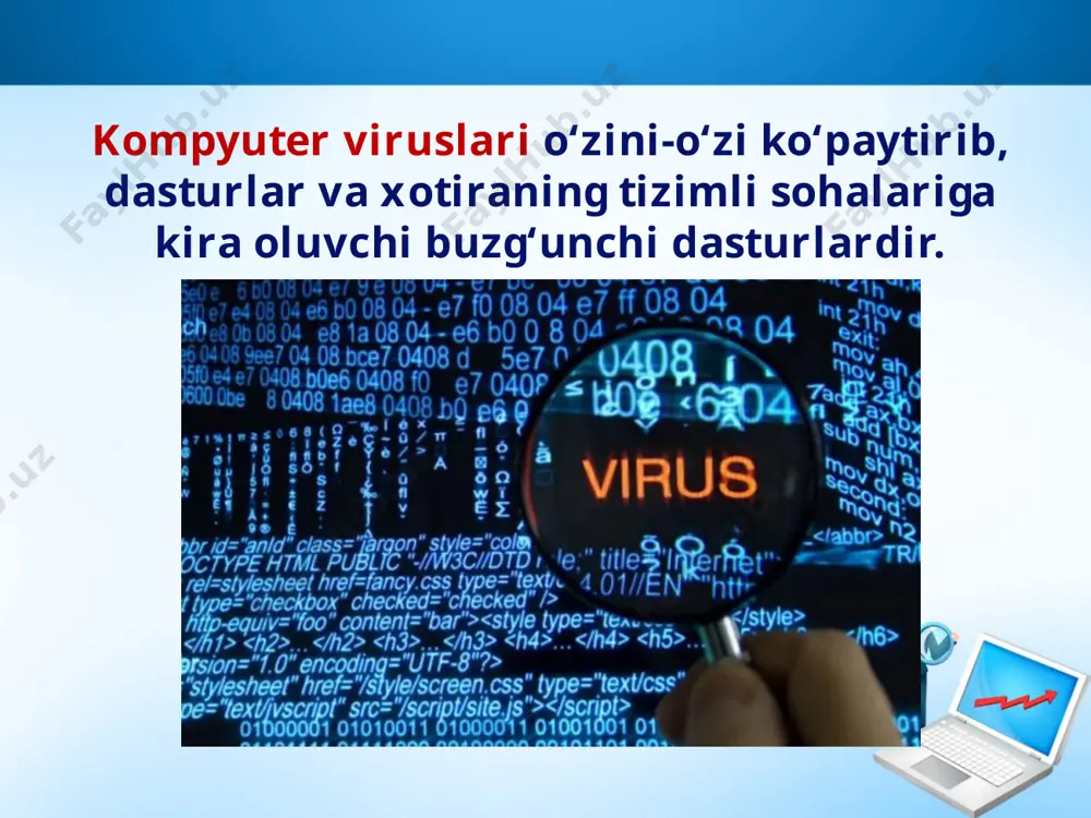 mli fayllami ruxsatsiz o'zgartirmaslik. adminstratoming alohida imkoniyatlar yaratuvchi yozuvlaridan zarurat tug‘ilmasa, foydalanmaslik; shubhali manbalardan kelgan noma’lum fayllami ishga tushirmaslik; antiviruslar quyidagi turlarga bo'linadi: 1. detektor - dasturlar; 2. doktor - dasturlar 4. filtr - dasturlar. 3. revizor - dasturlar; antiviruslar ichida eng ishonchli himoya vositasi sifatida revizor - dasturlar hisoblanadi. revizorlar kompyuterdagi dasturlarning viruslar bilan zararlanmagan dastlabki holatini yodda saqlaydi va joriy holatni solishtirib boradi. internet tarmog‘iga ulangan kompyuter - yangilash yordamida eng kamida bir oyda bir marta antiviruslar bazasini yangilab turish zarur. buning natijasida foydalanuvchi kompyuterni jahon hisoblash to‘rida to'xtovsiz ishlab chiqilayotgan yangi viruslardan himoyalanishni mustahkamlaydi. ishchi dasturlar yordamida kompyuterni himoyalash rejasini amalga oshirish, statistikasi va monitoringini olib borish, zaruriyat bo‘lganda qaytadan tiklash uchun ehtiyot disklarini yaratish kabi vazifalarni bajarish mumkin. savol va topshiriqlar 1. kompyuter viruslari deganda nimani tushunasiz? 2. eset endpoint antivirusi dasturidan foydalanishni tushuntirib bering. image2.jpeg image3.jpg image4.jpeg image5.jpeg image6.gif image7.jpeg image8.jpeg image9.jpeg image10.jpeg image11.jpeg image12.jpeg …