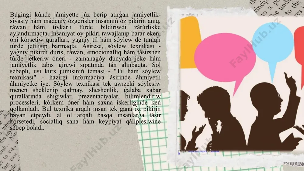 óziniń tolıq formasın tabadı hám olar birgelikte tabıslı qarım-qatnastıń tiykarı boladı. jámiyette sóylewdiń ózgeriwi hám tildiń rawajlanıwı óz ara baylanıslı processler sıpatında bir-birine tásir etedi. sóylewdiń rawajlanıwı, jańa formalardıń payda bolıwı, tildiń ózgerislerine tásir kórsetedi hám kerisinshe, tildegi ózgerisler sóylewdiń jańa formaların keltirip shıǵaradı. sóylew texnikasın úyreniw, zamanagóy jámiyette ayrıqsha áhmiyetke iye bolgan bir process. adamlar arasında nátiyjeli hám anıq qarım-qatnas ornatiw ushin tildi duris biliw jetkilikli emes, al oni sóylew texnikası menen duris qollanıw da zárúr. sóylew texnikası, tildiń barlıq táreplerin jetik túrde ózlestiriwdi, yaǵnıy sózlerdi aytiw, duris grammatikalıq dúzilisti jaratıw, intonaciya hám pát qoyiwdi, sonday-aq, auditoriya menen islesiwdi óz ishine aladı. sóylew texnikasın úyreniw insannıń kommunikaciya kónlikpelerin arttırıwǵa járdem beredi hám onıń sociallıq turmısta tabısqa erisiw imkaniyatın keńeytedi. sóylew texnikasın úyreniwdiń áhmiyeti, birinshi gezekte, professional tarawlarda ózin kórsetiwde sezilerli boladı. bayanlawshılar, oqıtıwshılar, jámáát penen islesiwshiler yamasa basshılar ózleriniń sóylew texnikasın jetik úyrengen halda, auditoriya menen anıq hám tásirsheń …