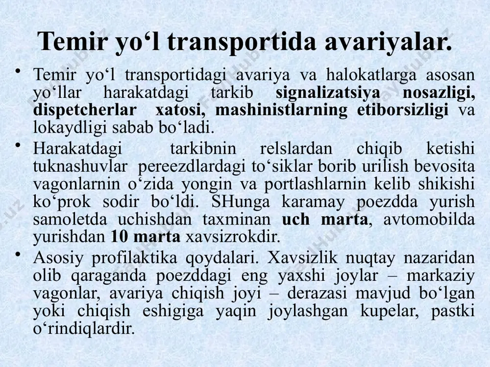 lan vagon kuzatuvchisiga murojaat qiling. avtomobil transportidagi avariyalar. avtomobil transportidagi avariyalarning 75 foizga yaqini haydovchilarning yo‘l xarakati qoidalarini qo‘pol buzishi oqibatida kelib chiqadi. tezlikni oshirish, yo‘l belgilariga e’tiborsiz bo‘lish, qarama-qarshi yo‘lakka o‘tib olish va avtomobilni mast xolda boshqarish har doimgidek qoidabuzarlikning yanada xavfli ko‘rinishi bo‘lib qolmaqda. avariyalarga ko‘pincha yo‘llarning yaroqsiz holga kelishi (asosan sirpanchiq), mashinalarning nosozligi (birinchi o‘rinda tormoz, ikkinchi o‘rinda rul boshqaruvi, uchinchisi, g‘ildirak va shinalar) sabab bo‘ladi. avtomobil avariyalarida jarohatlanganlarning 80 foizi ko‘p qon yo‘qotish oqibatida dastlabki uch soatda halok bo‘ladi. avariyadan so‘ng qanday xarakat qilish kerak avtomobilning qayerida va qanday holatida ekanligingizni, avtomobil yonmayotganligini, benzin oqmayotganligini (ayniqsa, ag‘darilib ketishda) aniqlab oling. agar eshiklar qisilib qolgan bo‘lsa, salonni deraza orqali tark eting. mashinadan chiqqandan sung undan iloji boricha uzoqroqqa qoching – portlash ehtimoli mavjud. avtomobil suvga qulaganda nima qilish kerak avtomobil suvga qulagach, ma’lum vaqt suvda qalqib turadi, bu muddat esa mashinani tark etish uchun etarlidir. eshik ochilganda …