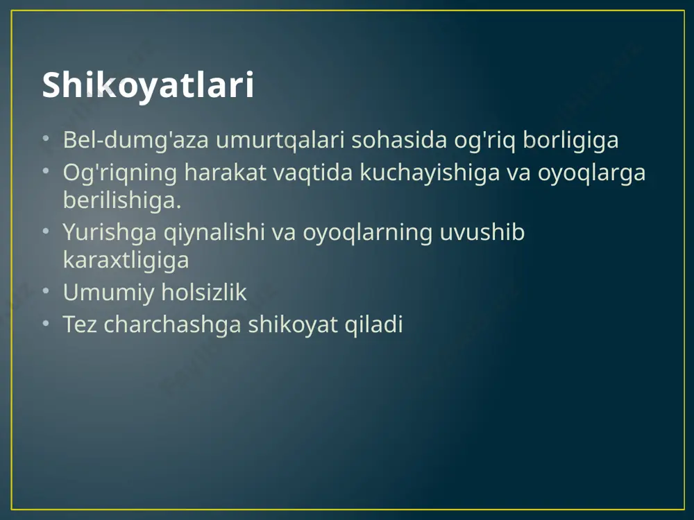 ongi aniq, savollarga aniq va to'g'ri javob beradi. harakatlari aniq, parez, paralichlar yo'q bosh miya nervlari o'zgarishsiz patologik reflekslar aniqlanmadi. dastlabki diagnoz: bel umurtqalari osteo-xondrozi tekshirish rejasi laborator umumiy qon tahlili qon biokimyoviy tahlil siydik tahlili axlat tahlili qon ivish ko'rsatkichi instrumental ko'krak qafasi rentgenografiyasi bel- dumg'aza sohasi mskt ekg, exokg jigar, taloq uttsi nevrolog konsultatsiyasi kursatkichlar natija norma umumiy bilirubin 2 1,1-18,8mkmol/l umumiy protein 74,0 65-80g/l alt 41,5 a=do32me/l e=do42me/l ast 36,7 a=do31 e=37 skf 90 80-125 ml kreatinin 87,0 44-106mkmol/l mochevina 9,7 2,8-8,3 mmol/l glyukoza 10,7 4,2-6,4mmol/l triglitserid 3.31 1,17 bioximicheskiy analiz krovi qon taxlil kursatkichlar natija norma glyukoza (tongi) 9,7 mmol/l 4,2-6,4 glyukoza (1 soat) 16,1 mmol/l ≤ 8,2 glyukoza (2 soatdan sung) 18,0 mmol/l ≤ 7,0 siydik tahlili ko'rsatma natija norma miqdori 100ml 100ml rangi somon rangda somon rang tiniqligi tiniq tiniq solishtirma og'irligi 1024 1012-1024 oqsil - - glukoza - - epiteliy 2-4 2-5 eritrosit …