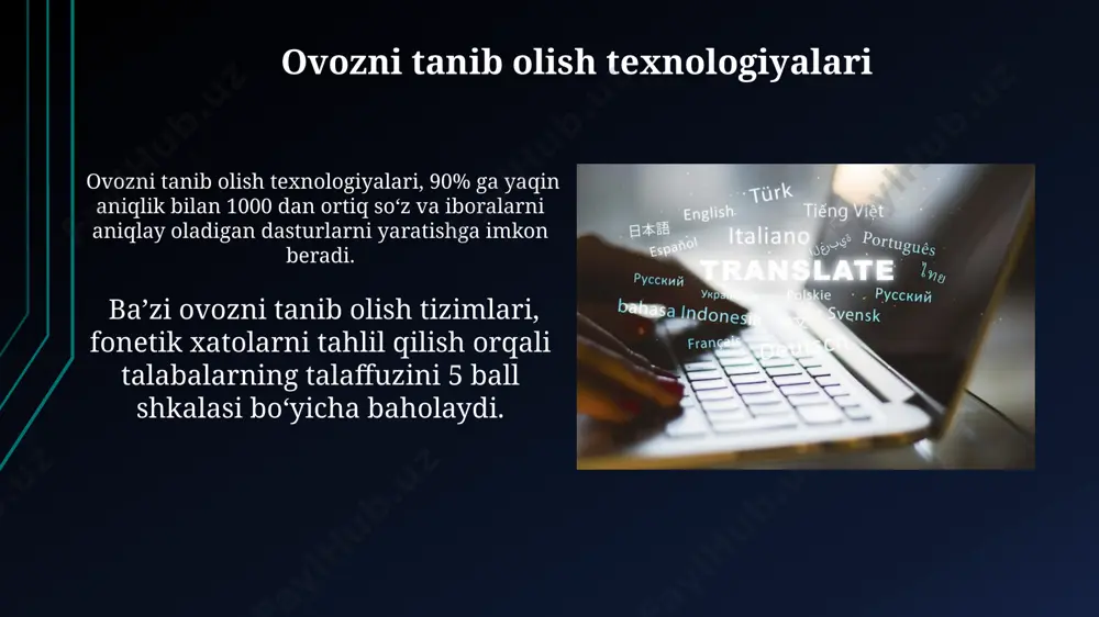 salan, 1000 dan ortiq so'z va iboralar) kabi omillar muhim ahamiyatga ega. ba'zi dasturlar leksik va grammatik bilimlarni tekshirish uchun 150 dan ortiq testlarni taklif qilsa, boshqalari o'yinlar va interaktiv mashqlar orqali 50 ga yaqin darsni o'z ichiga oladi. bu o'rganish uslubini taqqoslashda muhim. kelajakdagi rivojlanish istiqbollari kelajakda kompyuter yordamida til o'rganish dasturlarining 3d modellashtirish va virtual reallik texnologiyalari bilan integratsiyasi 50% ga oshishi va yanada immersiv o'quv tajribasini ta'minlashi kutilmoqda. katta ma'lumotlar tahlili va mashinani o'rgatish texnologiyalaridan foydalanib, o'quvchining zaif tomonlarini aniqlash va o'qitish strategiyasini moslashtirish imkoniyati 70% ga yuksalishi va o'quv samaradorligini oshirishi mumkin. oʻquv dasturlarining samaradorligini baholash oʻquv dasturlarining samaradorligini baholashda, oʻquvchilarning test natijalarini 70% dan yuqori koʻrsatkichlariga erishishi, dasturning muvaffaqiyatli ekanligini koʻrsatadi. oʻrtacha oʻquv vaqti va oʻzlashtirish darajasi oʻrtasidagi korrelyatsiya koeffitsiyenti 0.8 dan yuqori boʻlsa, dasturning samaradorligi yuqori deb baholanadi. süniy intellektning qoʻllanilishi ai asosidagi call dasturlari shaxsiylashtirilgan o'quv rejalari yaratib, 70% gacha o'quv samaradorligini oshirishi …