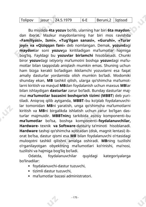 tashkil qilish, ularga qo’shimcha ma’lumotlarni kiritish va mavjud mbdan foydalanish uchun maxsus mblar bilan ishlaydigan dasturlar zarur bo’ladi. bunday dasturlar majmui ma’lumotlar bazasini boshqarish tizimi (mbbt) deb yuritiladi. aniqroq qilib aytganda, mbbt–bu ko’plab foydalanuvchilar tomonidan mbni yaratish, unga qo’shimcha ma’lumotlarni kiritish va mbni birgalikda ishlatish uchun zarur bo’lgan dasturlar majmuidir. mbbtning tarkibida asosiy komponenti–bu ma’lumotlar bo’lsa, boshqa komponenti–foydalanuvchilar, hardware- texnik va software-dasturiy ta’minoti hisoblanadi. hardware tashqi qo’shimcha xotiradan (disk, magnit lentasi) iborat bo’lsa, dastur qismi esa mb bilan foydalanuvchi o’rtasidagi muloqotni tashkil qilishni amalga oshiradi. mbning tuzilishi o’rganilayotgan obyektning ma’lumotlari ko’rinishi, ma’nosi, tuzilishi va hajmiga bog’liq bo’ladi. odatda, foydalanuvchilar quyidagi kategoriyalarga bo’linadilar: · foydalanuvchi-dastur tuzuvchi, · tizimli dastur tuzuvchi, · ma’lumotlar bazasi administratori. bunda dastur tuzgan foydalanuvchi mbbt uchun yozgan dasturiga javob beradi, tizimli dastur tuzuvchi esa butun tizimning ishlashi uchun javobgar hisoblanadi. u holda mb administratori tizimning saqlanish holatiga va ishonchliligiga javob beradi. mbbt quyidagicha tavsiflanadi: · испольнимость-bajarilishlik, foydalanuvchi …