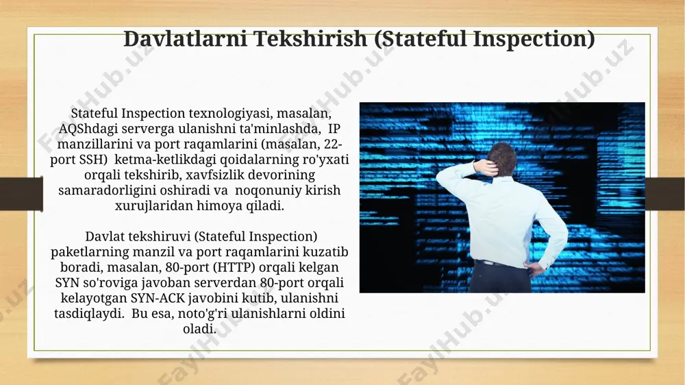 lariga asoslangan filtrlash, ip manzillarini soxtalashtirish usullari orqali osongina chetlab o'tilishi mumkin, bu esa xavfsizlikni zaiflashtiradi, masalan, aqshdan kelayotgan soxta trafikni aniqlash qiyin bo'lishi mumkin. paket filtrlashni sozlashdagi murakkabliklar paket filtrlash qoidalari juda murakkab boʻlishi mumkin, masalan, 1000 dan ortiq qoida bilan ishlashda samaradorlik sezilarli darajada pasayadi va bu toshkentdagi katta tarmoqlarda muammolarga olib kelishi mumkin. paket filtrlash siyosatlarini turli joylarda – masalan, chegara routerlari va ichki tarmoqlar routerlarida – moslashtirish qiyin, bu esa 200 dan ortiq qurilmalarni oʻz ichiga olgan yirik korporativ tarmoqlarda muvofiqlashtirish muammolarini keltirib chiqaradi. e'tiboringiz uchun rahmat @taqdimot_robot image7.jpg image8.jpg image9.jpg image10.jpg image11.jpg image12.jpg image13.jpg image14.jpg image15.jpg image16.jpg image17.jpg image18.jpg image19.jpg image20.jpg image21.jpg image22.jpg image23.jpg image3.png image4.png