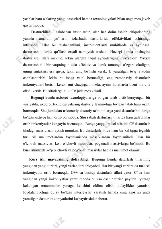 qi haqida juda chiroyli yoritib berilgan. bu uslubiy qo'llanmadan foydalanishimdan asosiy maqsad, bu qo'llamada har bir nazariya amaliyotda bajarilgani ham ko'rsatib o'tigan. bu esa mavzuni yanada yaxshiroq tushunish imkoniyatini beradi. bulardan tashqari internet saytlari hamda tayyor programmalar, ,,e-dastur" you tube kanalidan video darslardan foydalandim. kurs ishimning nazariy va amaliy ahamiyati. biror dastur yaratishda avval uni nima uchun yaratayorganini va uni qanday yaratishi borasida nazariy ko'nikmalarni hosil qiladi va maxsus dasturlar yordamida uni amalga oshiradi. men ham ushbu kurs ishini tayyorlashda yuqorida keltirib o'tilgan kitob, qo'llanma hamda elektron saytlardan nazariy ko'nikmalarga ega bo'ldim va amaliyotda sinab ko'rdim. bajargan amaliy ishlarimni ham kurs ishiga joylashtirdim. chunki bu kurs ishidan foydalanuvchilar bu mavzularni o'lashtirishi uchun yanada keng imkoniyatlar yaratadi. bejizga ,,amaliyotsiz mazariya 0ga teng" deyilmayadi. har bir o'qib o'rganilgan bilim tajribadan o'tkazilsa uavzu shunchaki yod olingam emas tushunilgan bo'ladi. ana o'shandagina o'zi mustaqil tarzda dasturlar yarata oladi. joylagan amaliy ishlardan namunalar esa mustaqil …